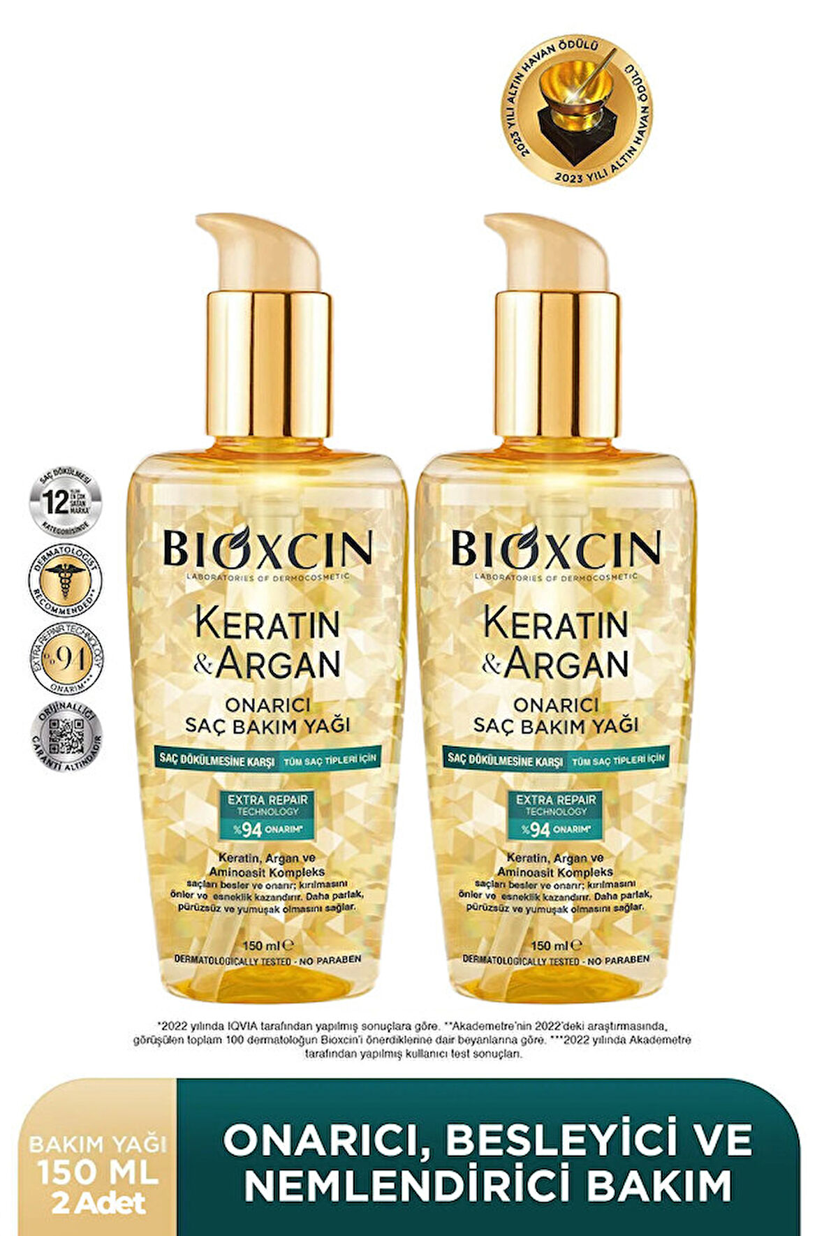 Bioxcin Keratin & Argan Onarıcı Saç Bakım Yağı 150 ml x 2 Adet