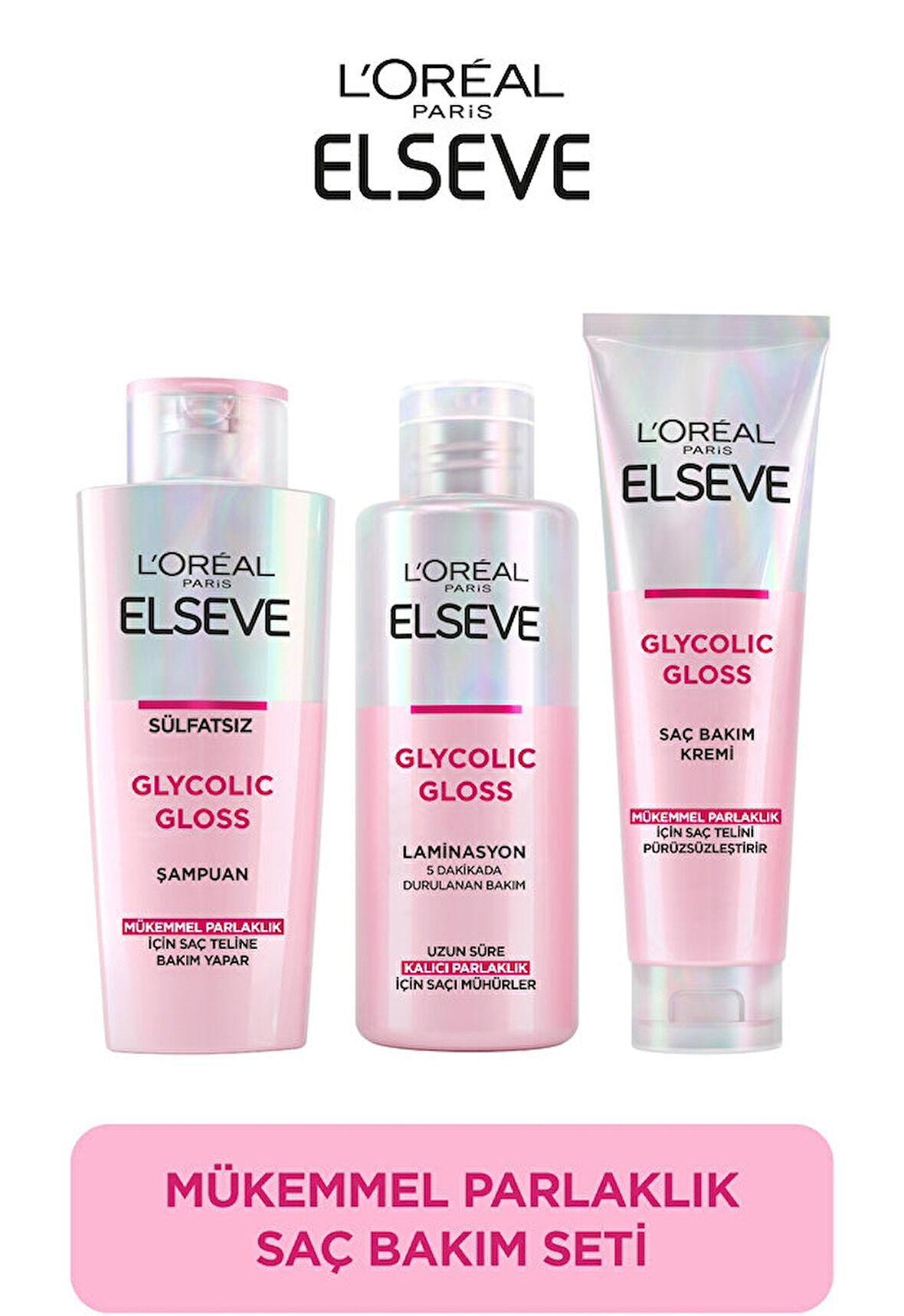Elseve Glycolic Gloss Mükemmel Parlaklık 3 Lü Saç Bakım Seti