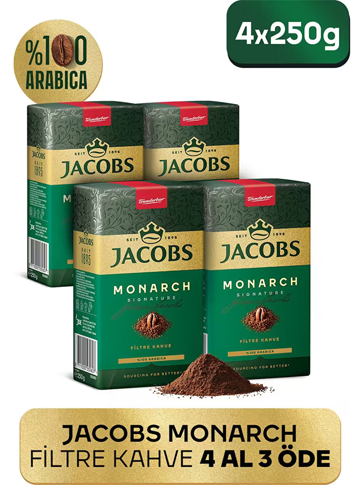 Jacobs Monarch Kavrulmuş ve Öğütülmüş Filtre Kahve 250 gr x 4 Adet
