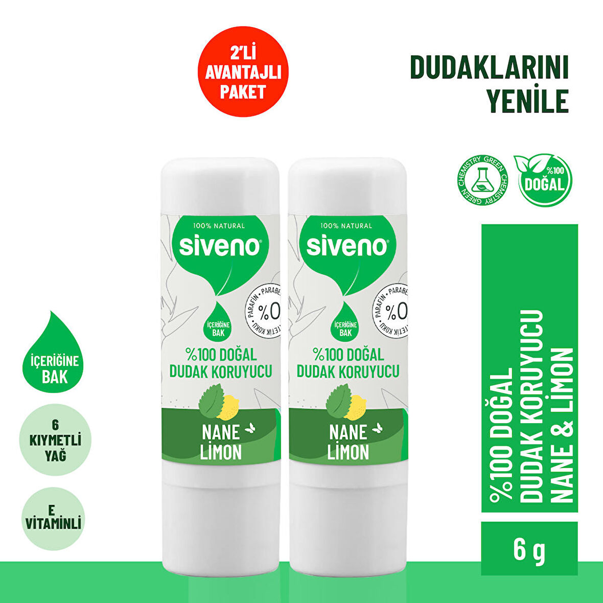 Siveno %100 Doğal Dudak Koruyucu Nane & Limon Lipbalm Krem Nemlendirici Parlatıcı Onarıcı 6 G X 2 Adet