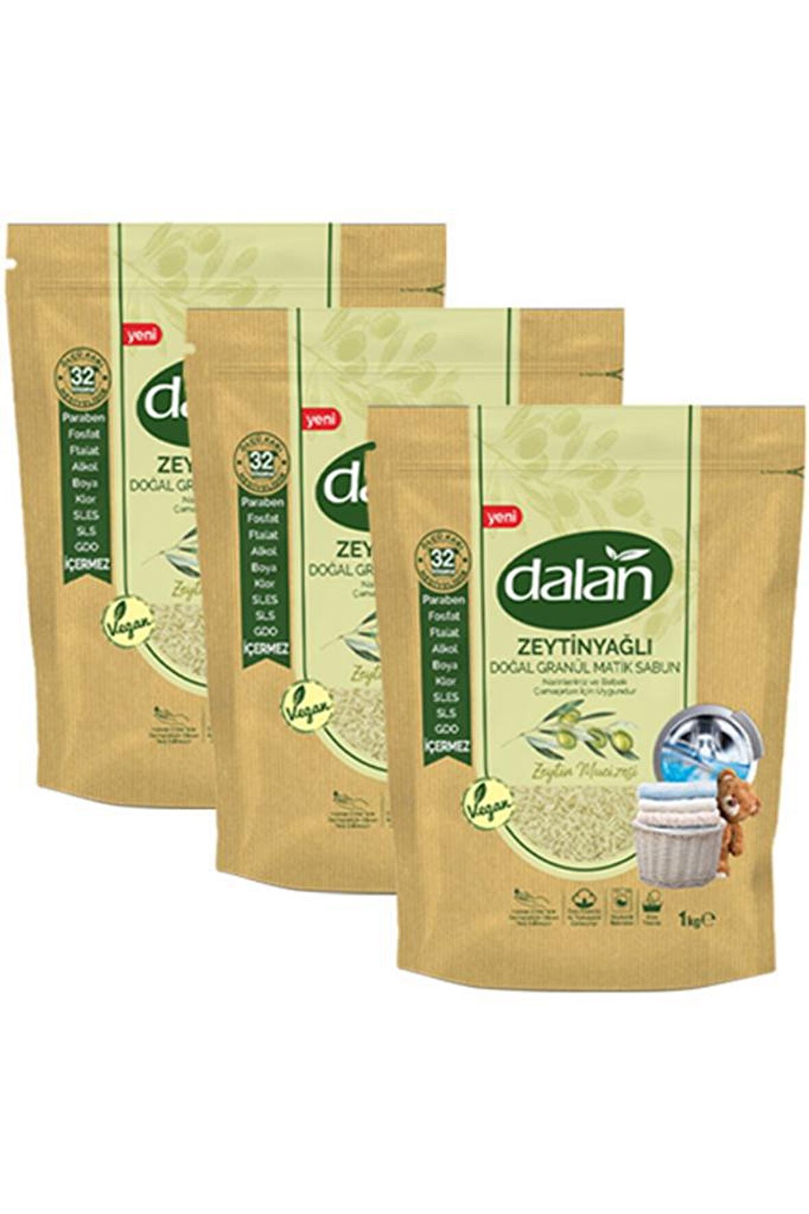 Dalan Matik Vegan Organik Parfümlü Beyazlar ve Renkliler İçin Granül Sabun 3 x 1 kg 96 Yıkama