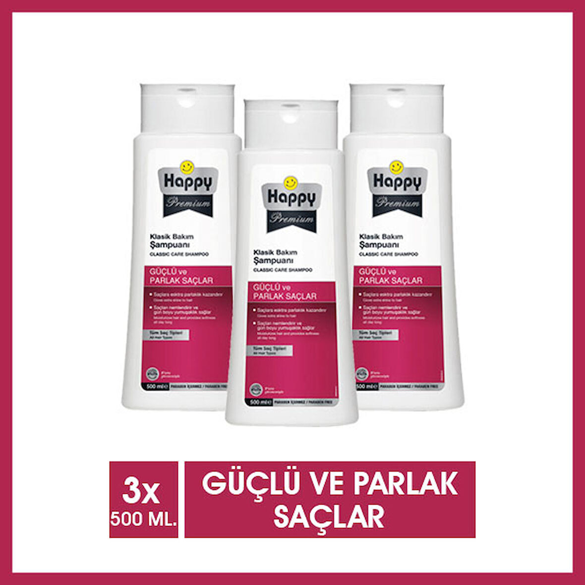 Happy Premium Güçlü Parlak Saçlar Klasik Bakım Şampuanı 500ml x 3 Adet