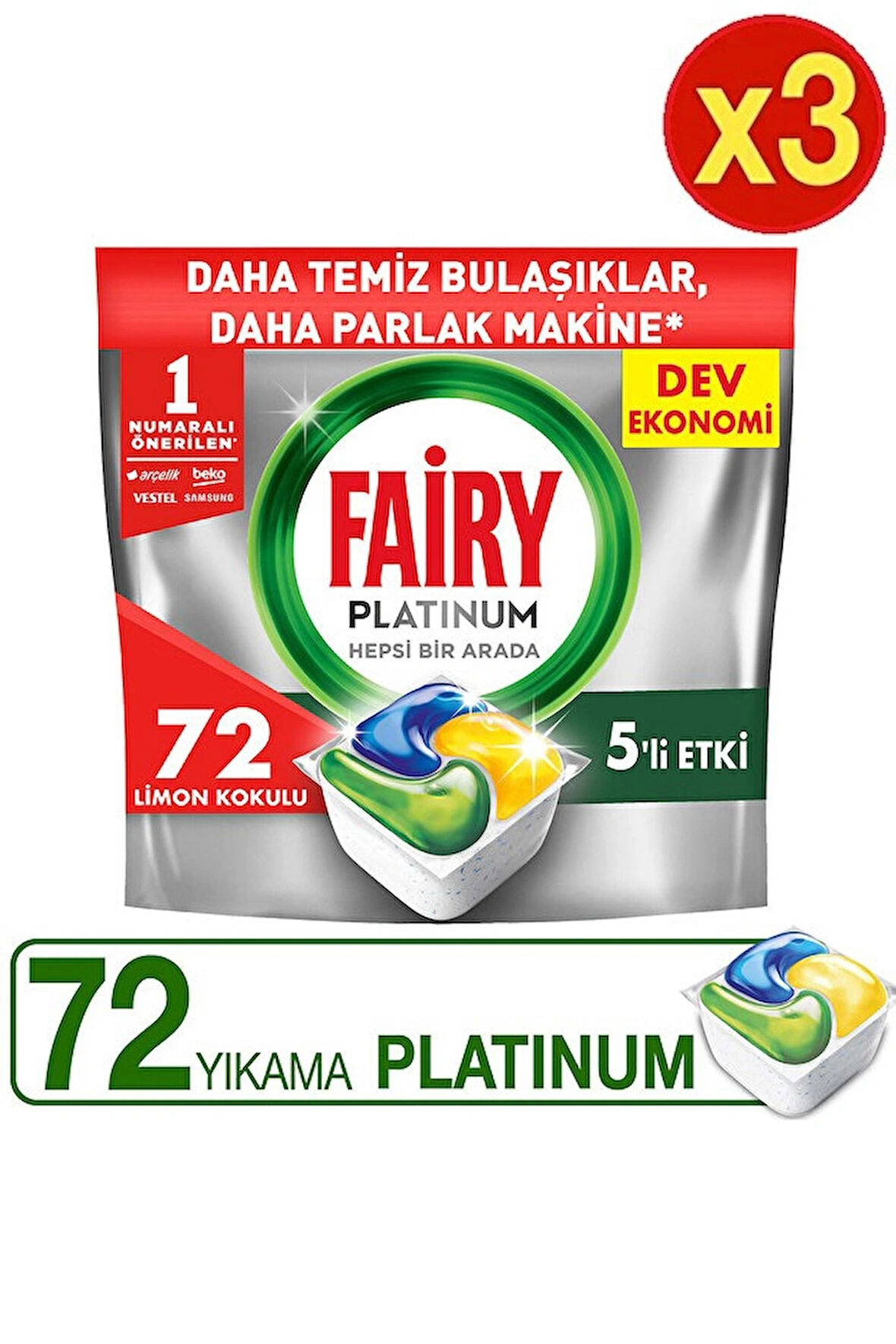 Fairy Platinum Limon Kokulu 216 Yıkama Tablet Bulaşık Makinesi Deterjanı 3x72 Adet 