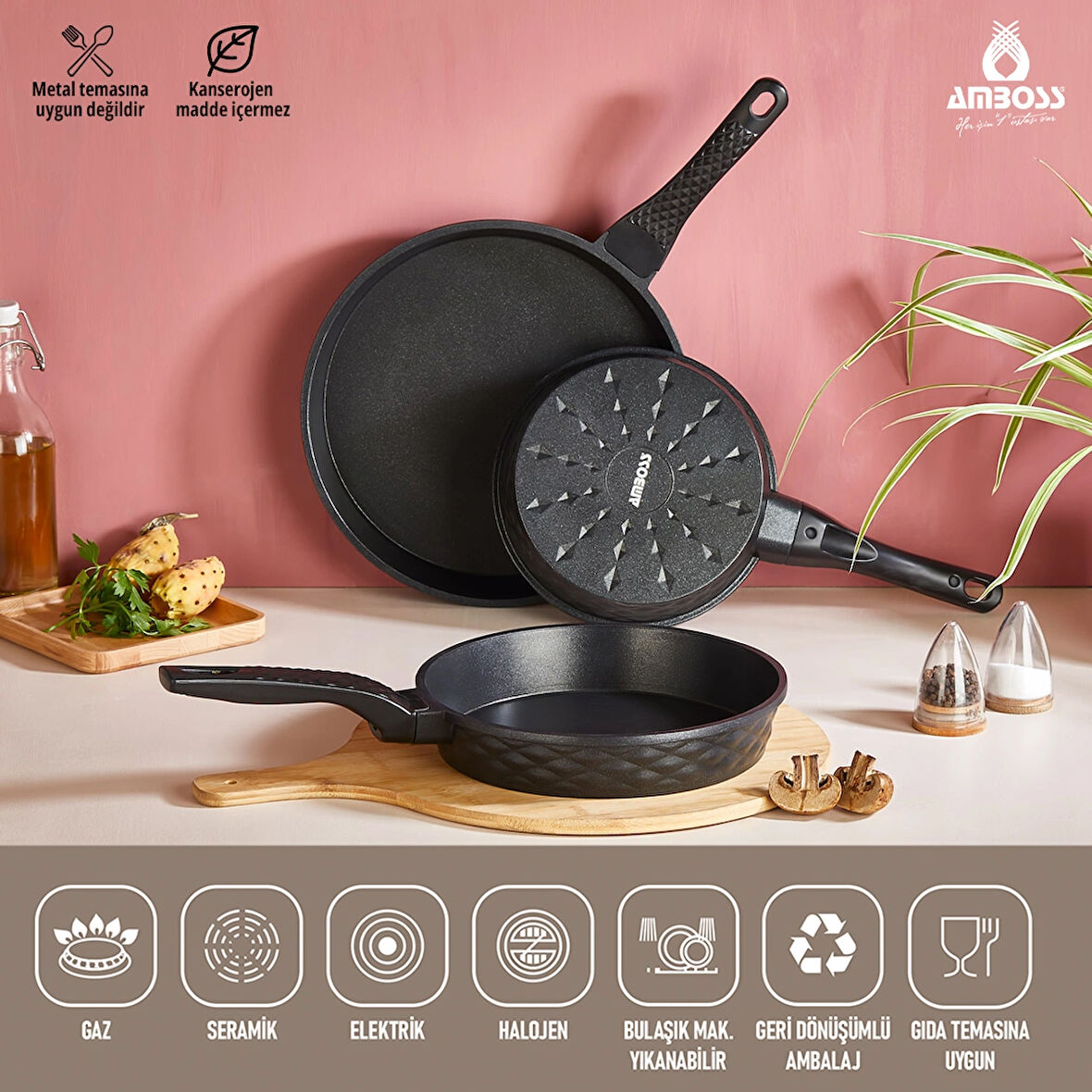 Kuvars 3 Parça Siyah 20+24+28 Cm Döküm Tava Seti