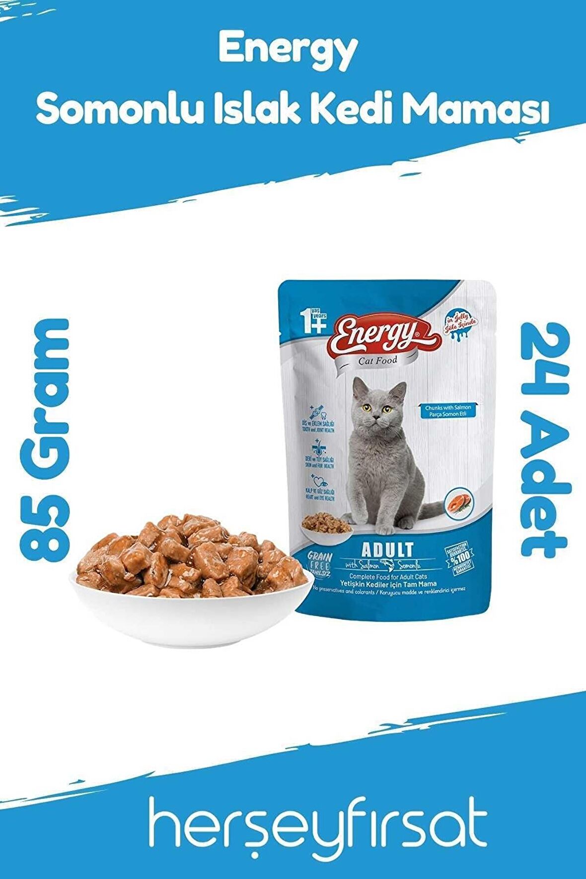Energy Somonlu Etli Kedi Maması Jöleli 85 gr x 12 Adet