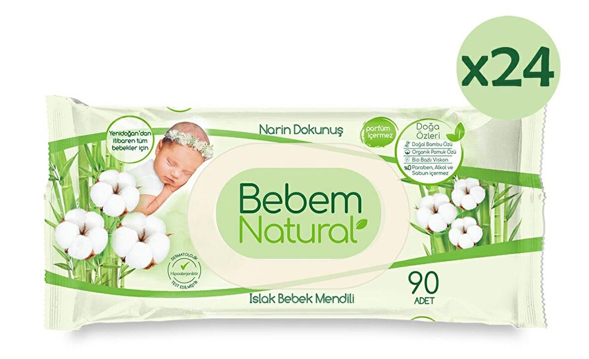 Bebem Natural Narin Dokunuş Bebek Islak Mendil 90 Adet x 24 Adet