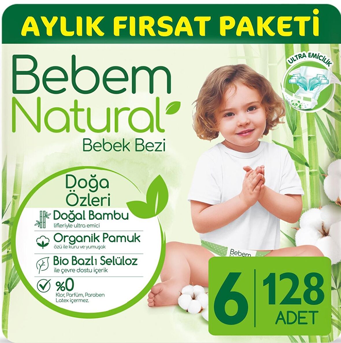 Bebem Natural 6 Numara X Large 128'li Bel Bantlı Bez