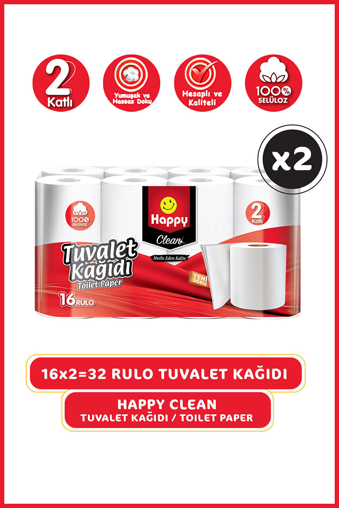 Happy Clean Çift Katlı Tuvalet Kağıdı 16 lı x 2 Adet