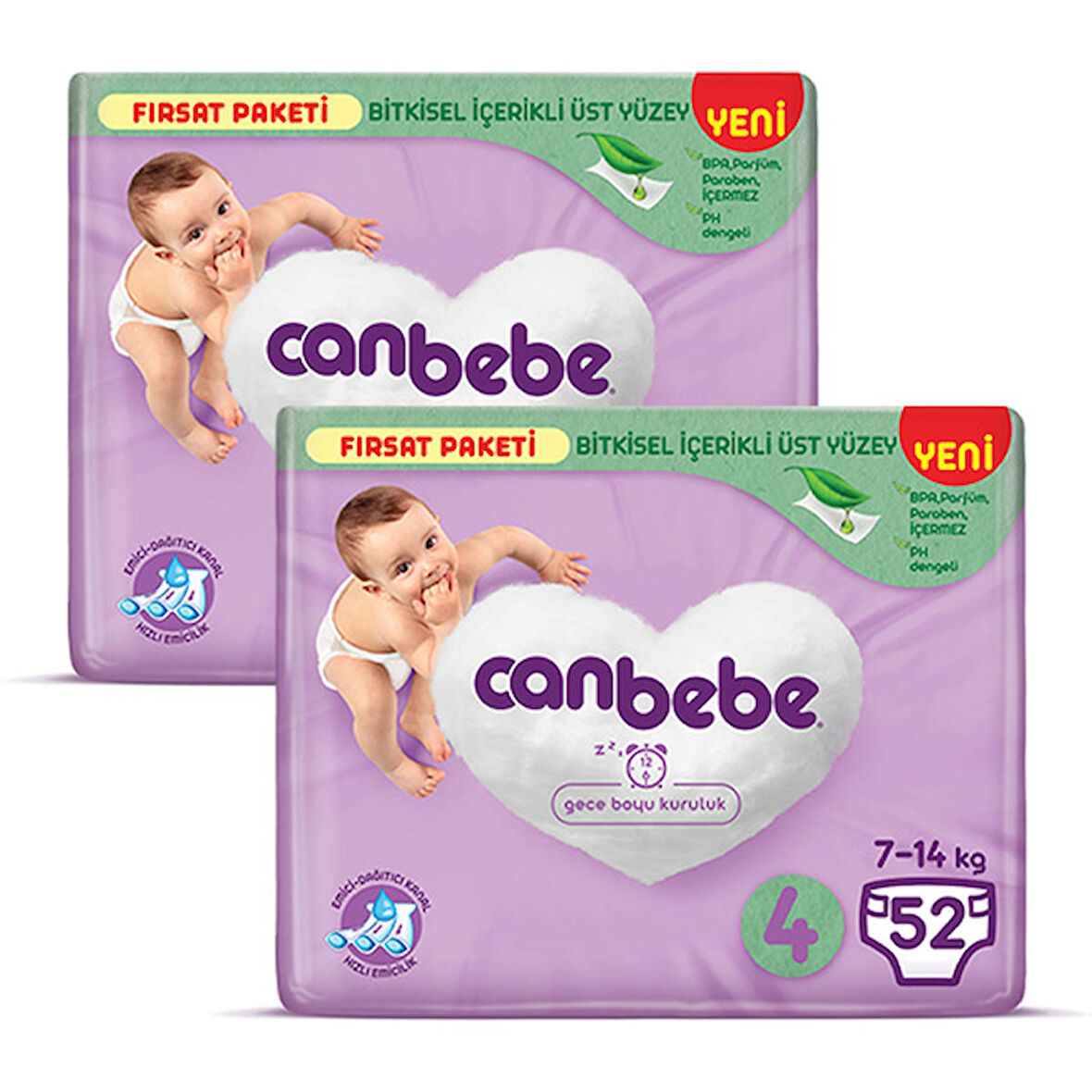 Canbebe Bebek Bezi Fırsat Paketi 4 Beden Maxi (7-14 Kg) 52 li x 2 Adet