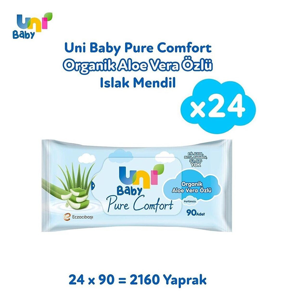 Uni Baby Pure Comfort Aloe Vera Özlü Islak Mendil 90 lı x 24 Adet