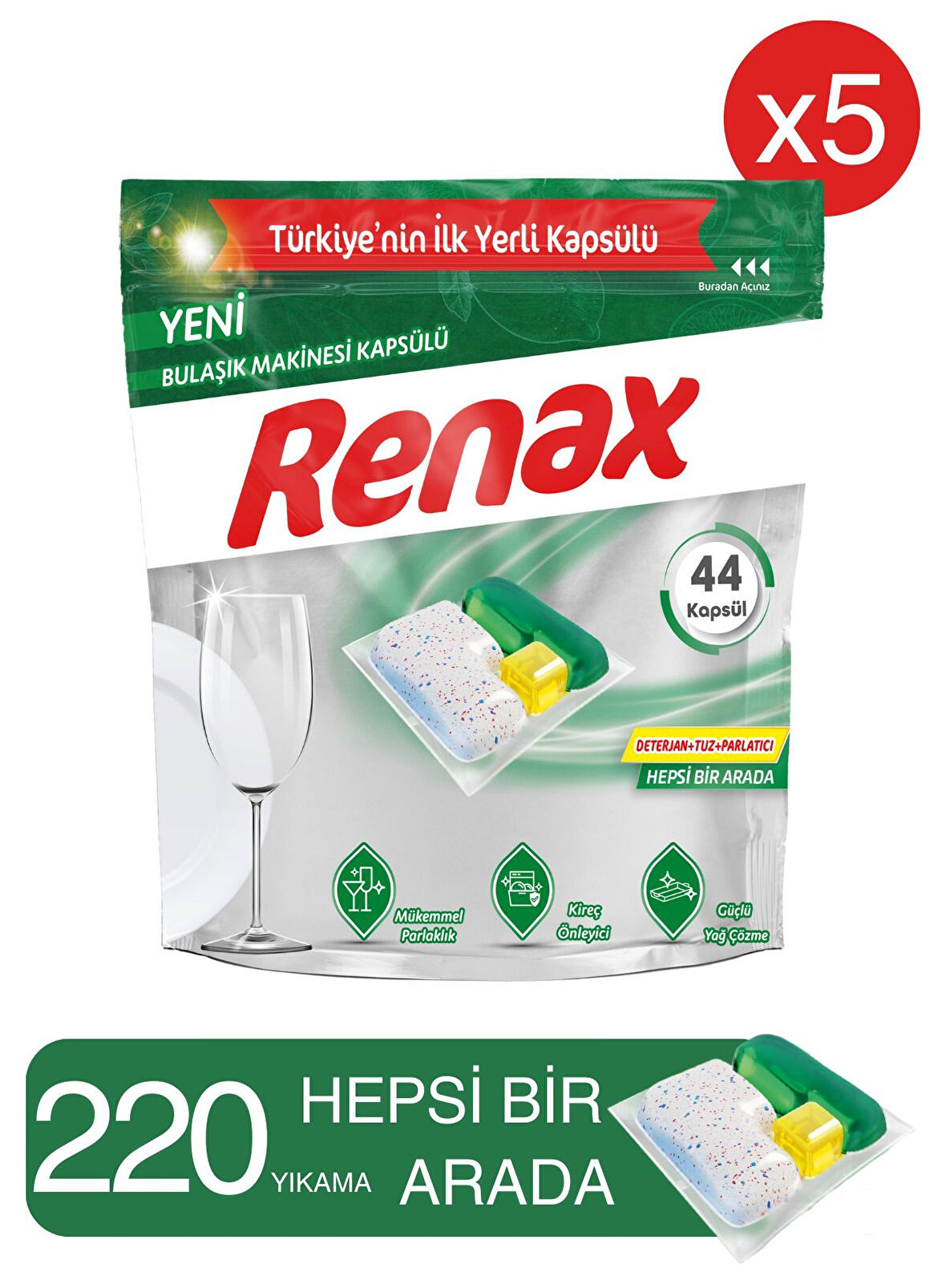 Renax Bulaşık Makinesi Kapsülü Hepsi Bir Arada 44 lü x 5 Adet