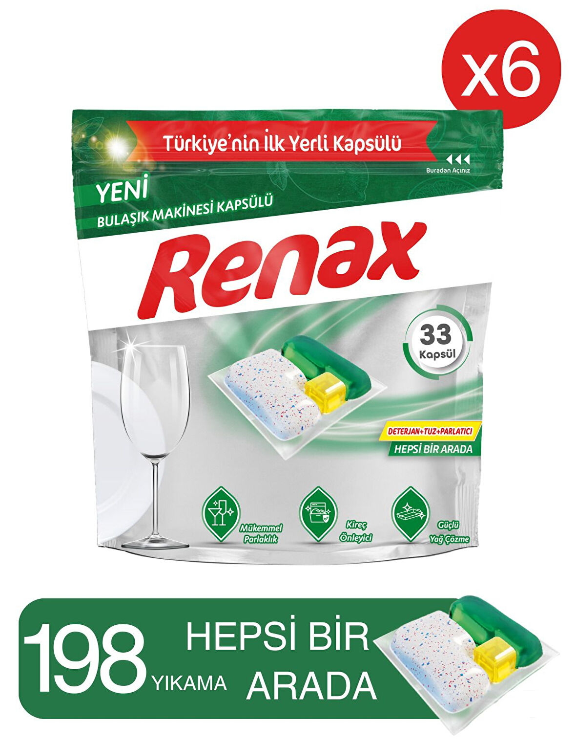 Renax Bulaşık Makinesi Kapsülü Hepsi Bir Arada 33 lü x 6 Adet