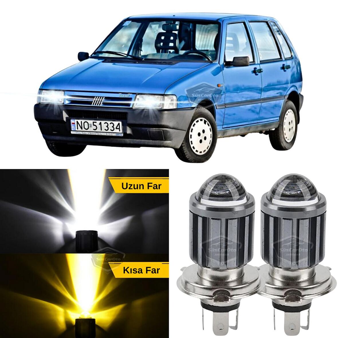 Fiat Uno 1992-2001 Uyumlu Mercekli Far Ampulü Led Xenon Çift Renk Sarı-Beyaz Far Şimşek Etkili CSP Led Lamba Uzun Kısa 2 Adet Takım