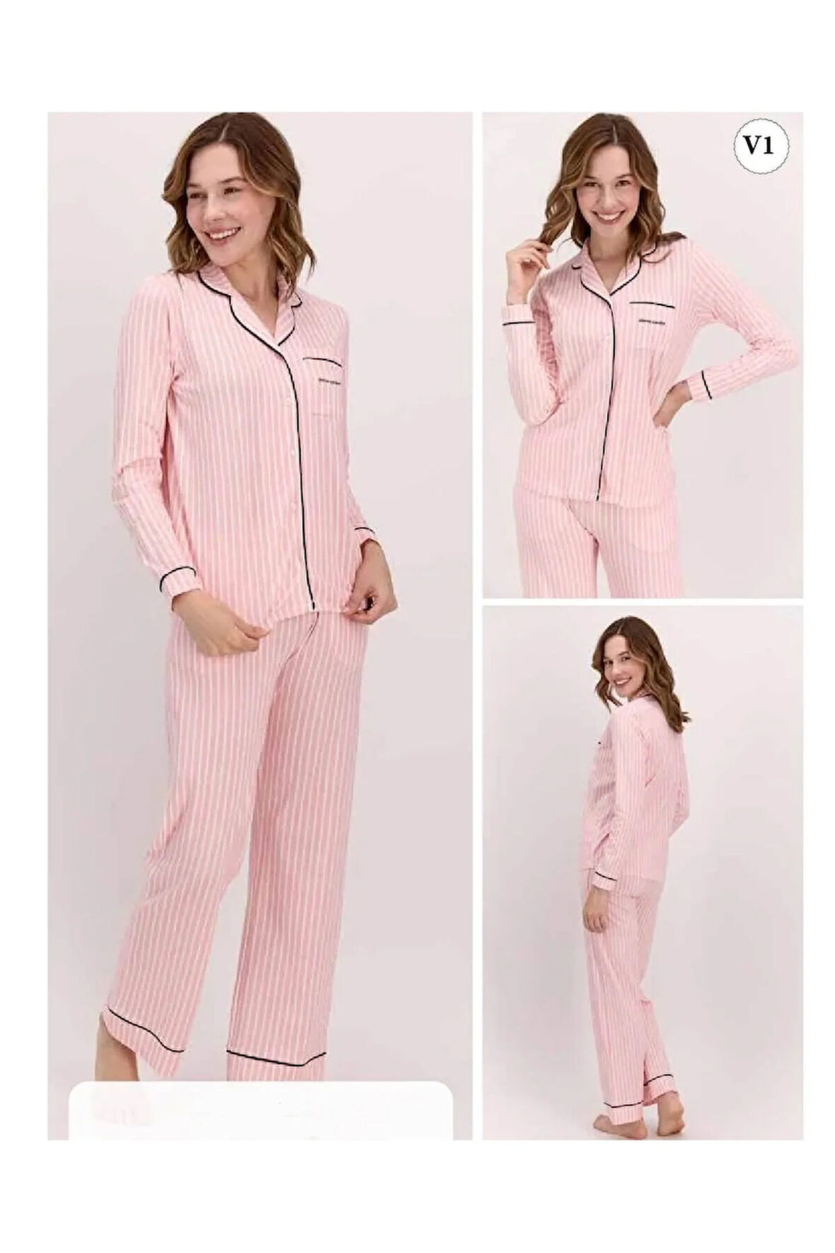 Kadın Pembe Çizgili  Önden Düğmeli  Pijama Takımı .P.İ.E..R.O.Z..8..E.L.T.7.