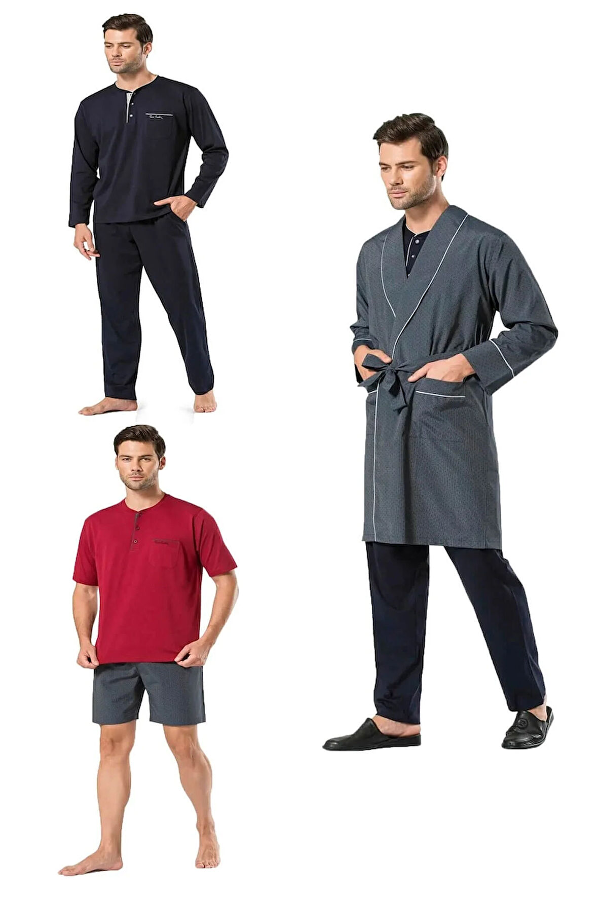 Erkek Lacivert Uzun & Şortlu Pijama Robdöşambır 5'li  Damat Çeyiz Seti R.O.5.Z.P.İ.E.R.E.6.0.L.T.