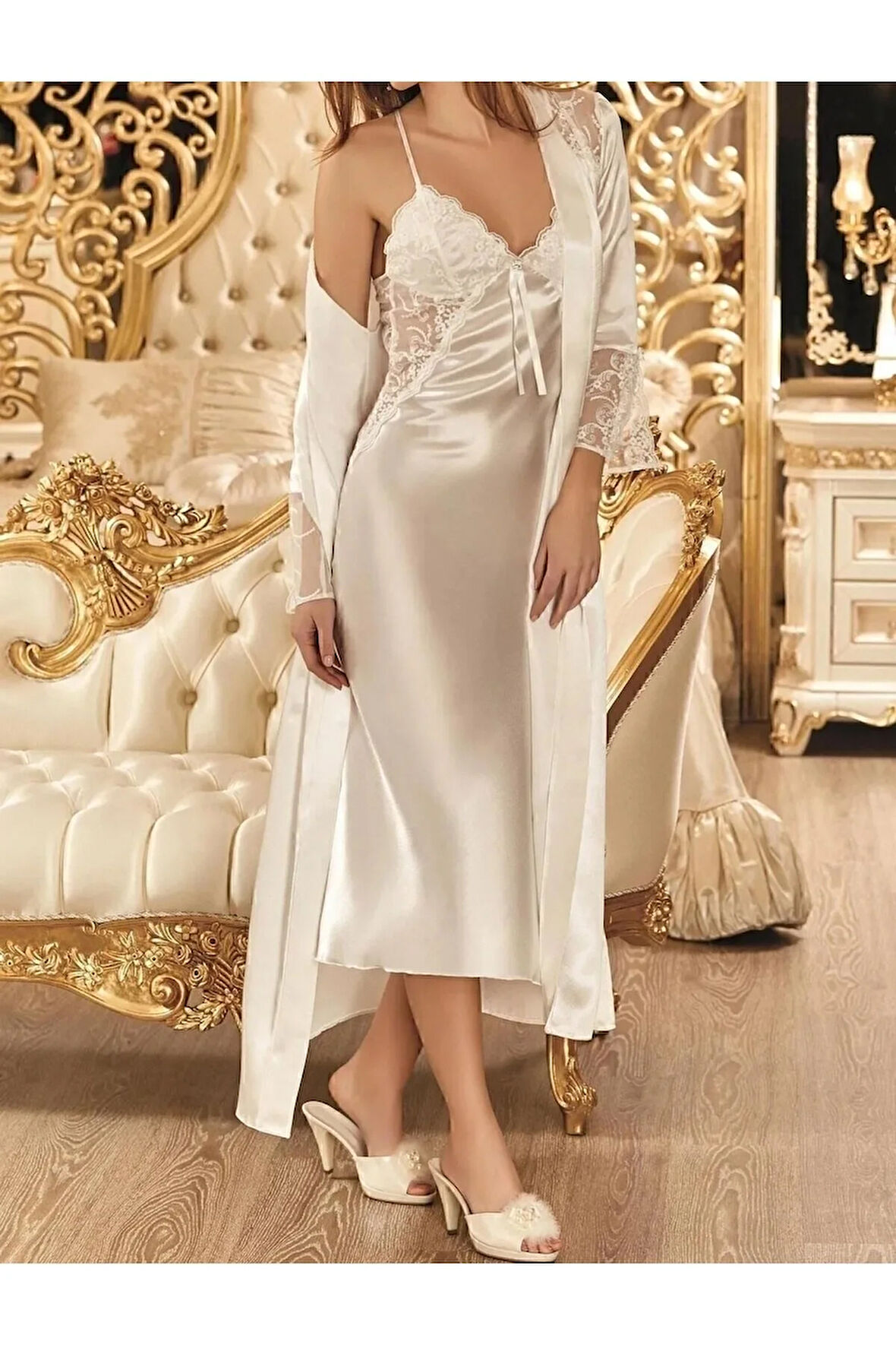 Kadın Ekru Sabahlıklı Şortlu Pijama 6'lı Saten Çeyiz Seti  N.UR.6.6.R.O.9.2.Z.E.L.T.