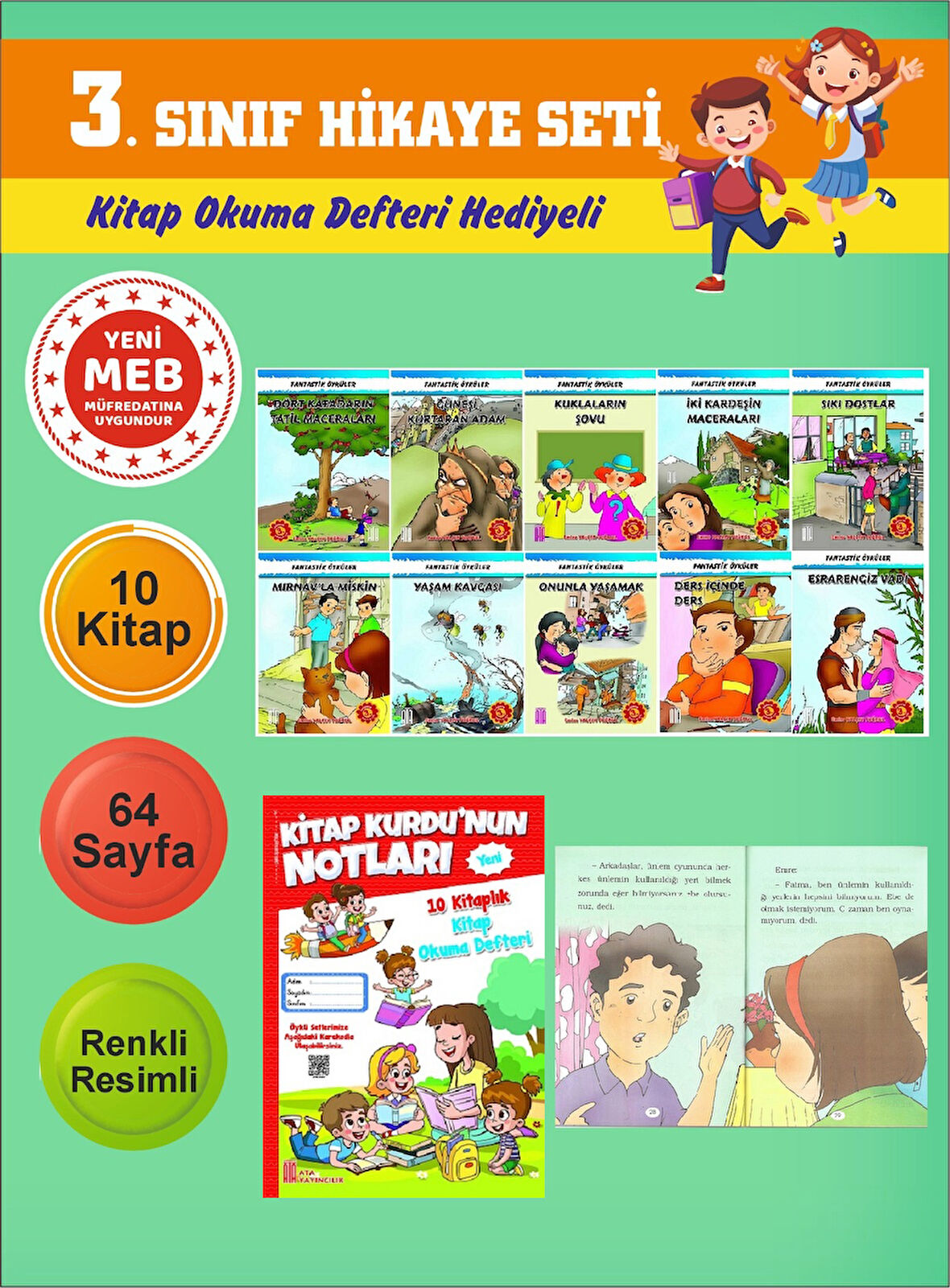 3.Sınıflar İçin Okumayı Sevdiren 10 lu Hikaye Seti 11 (Kitap Okuma Defteri Hediyeli)
