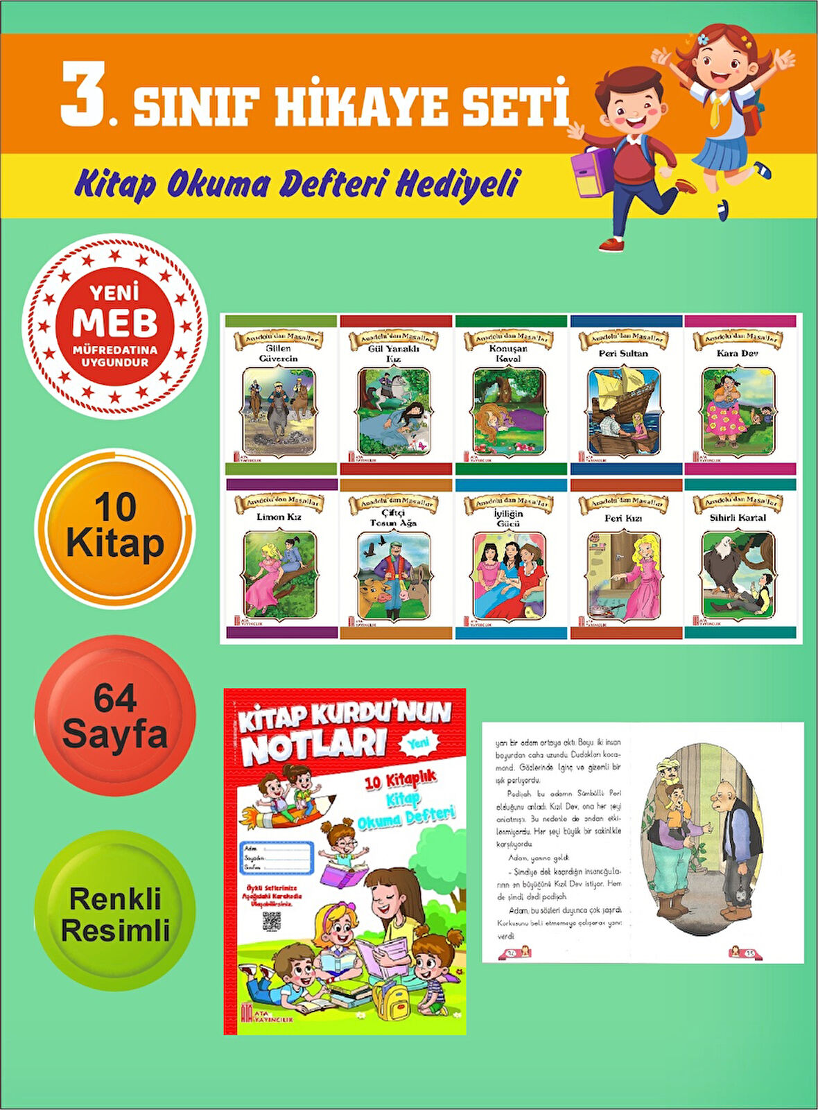 3.Sınıflar İçin Okumayı Sevdiren 10 lu Hikaye Seti (Kitap Okuma Defteri Hediyeli)