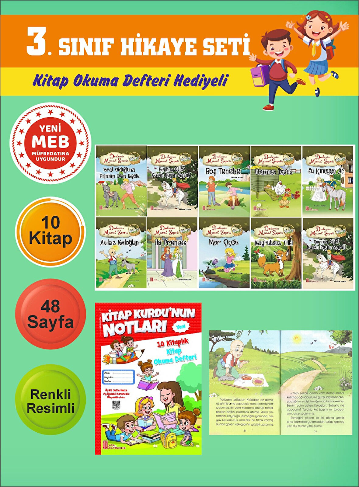 3.Sınıflar İçin Okumayı Sevdiren 10 lu Hikaye Seti 7 (Kitap Okuma Defteri Hediyeli)