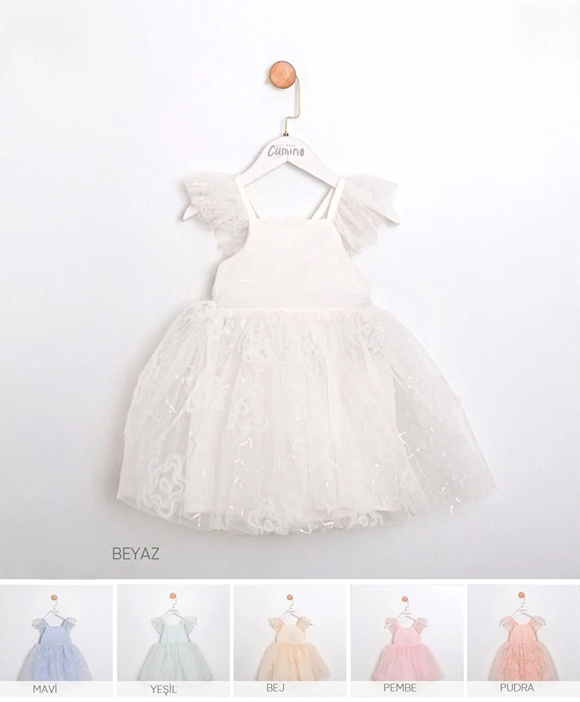 Kız Çocuk Pudra Yıldız Pul Desenli Tüllü Elbise