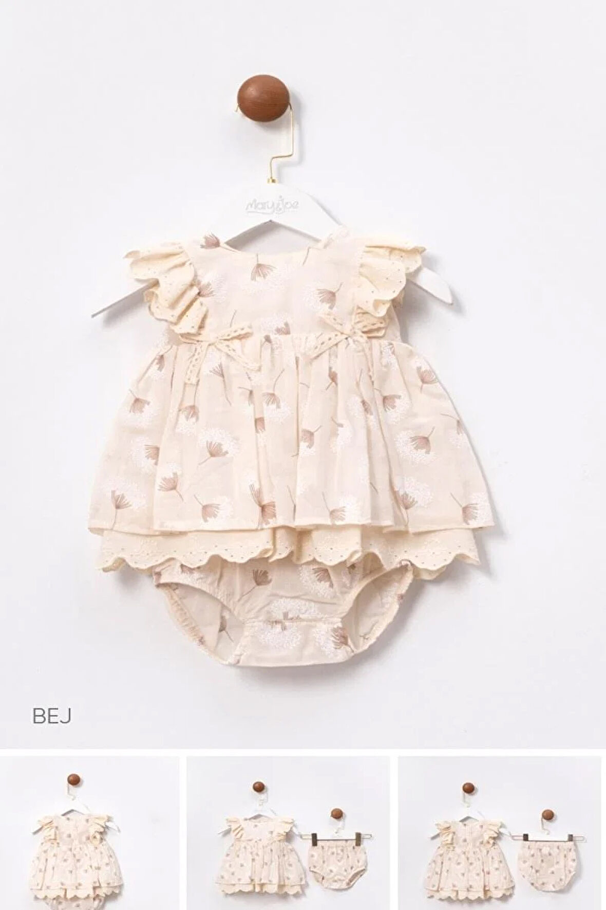 Kız Bebek Bej Çiçek Desenli Elbise Kilotlu Takım