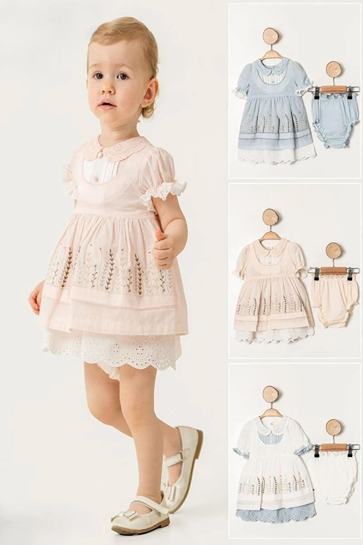 Kız Bebek Mavi Çiçek İşlemeli Fistolu Elbise Kilotlu Takım