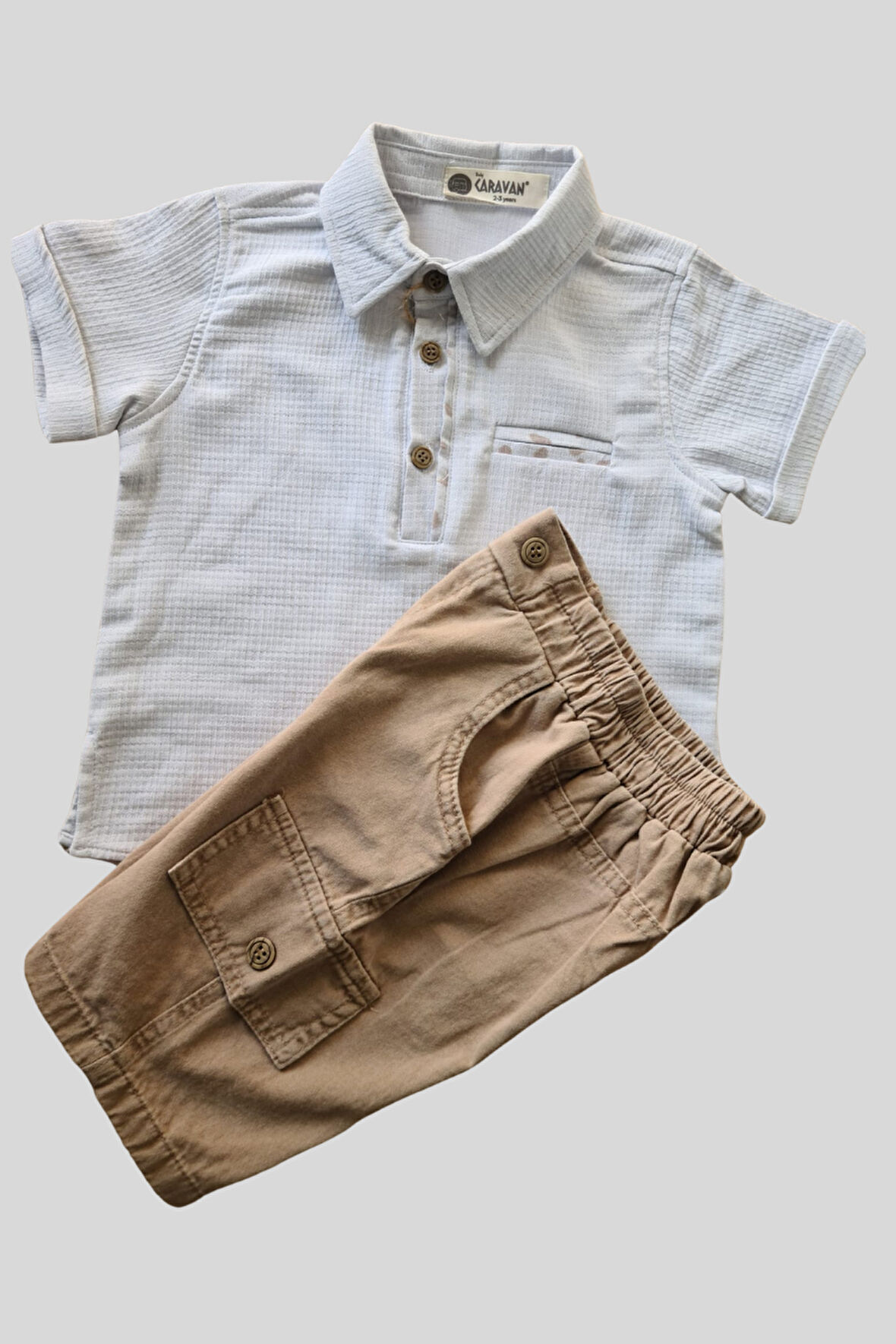 2'li Erkek Çocuk Açık Mavi Gömlek Kahve Sortlu Takım