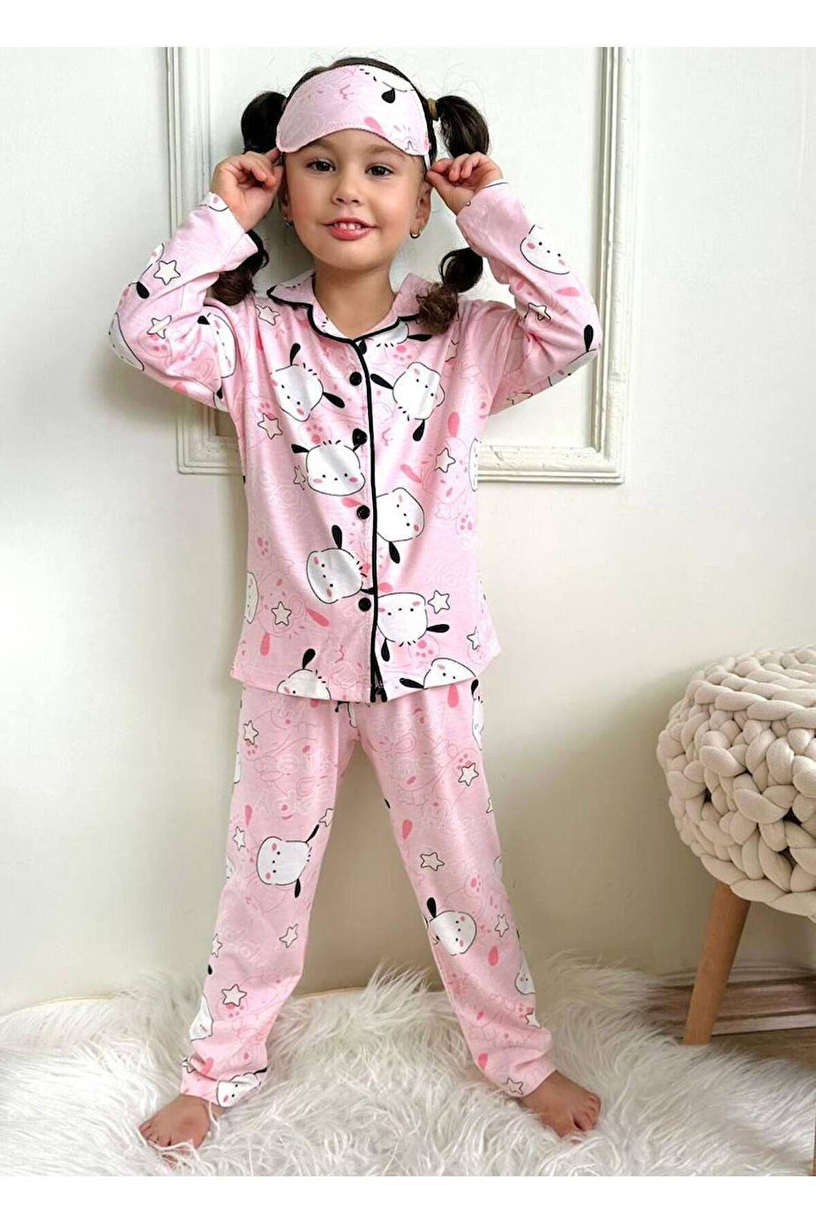 Kız Çocuk Düğmeli Panda Desenli Uzun Kollu Pijama Takımı