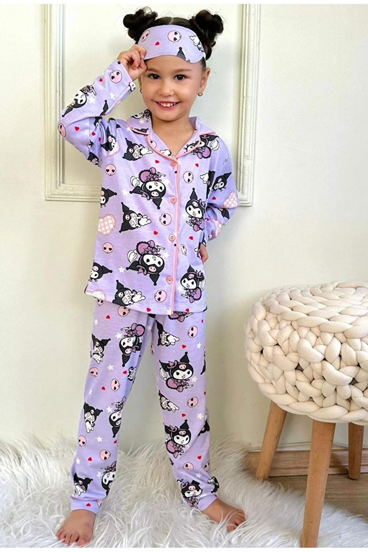 Kız Çocuk Düğmeli Kedi Desenli Uzun Kollu Pijama Takımı