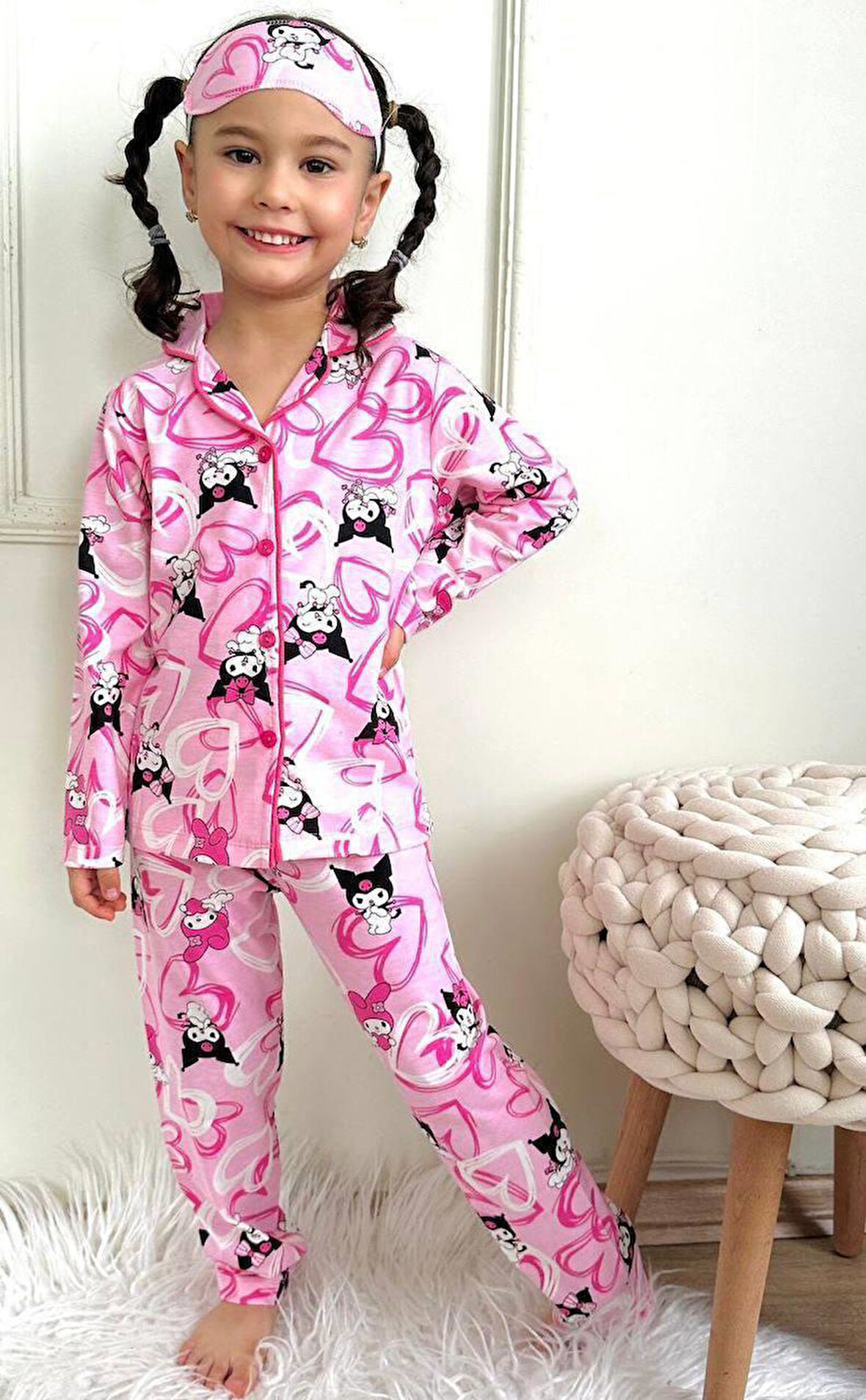 Kız Çocuk Düğmeli Pembe Kedi Desenli Uzun Kollu Pijama Takımı