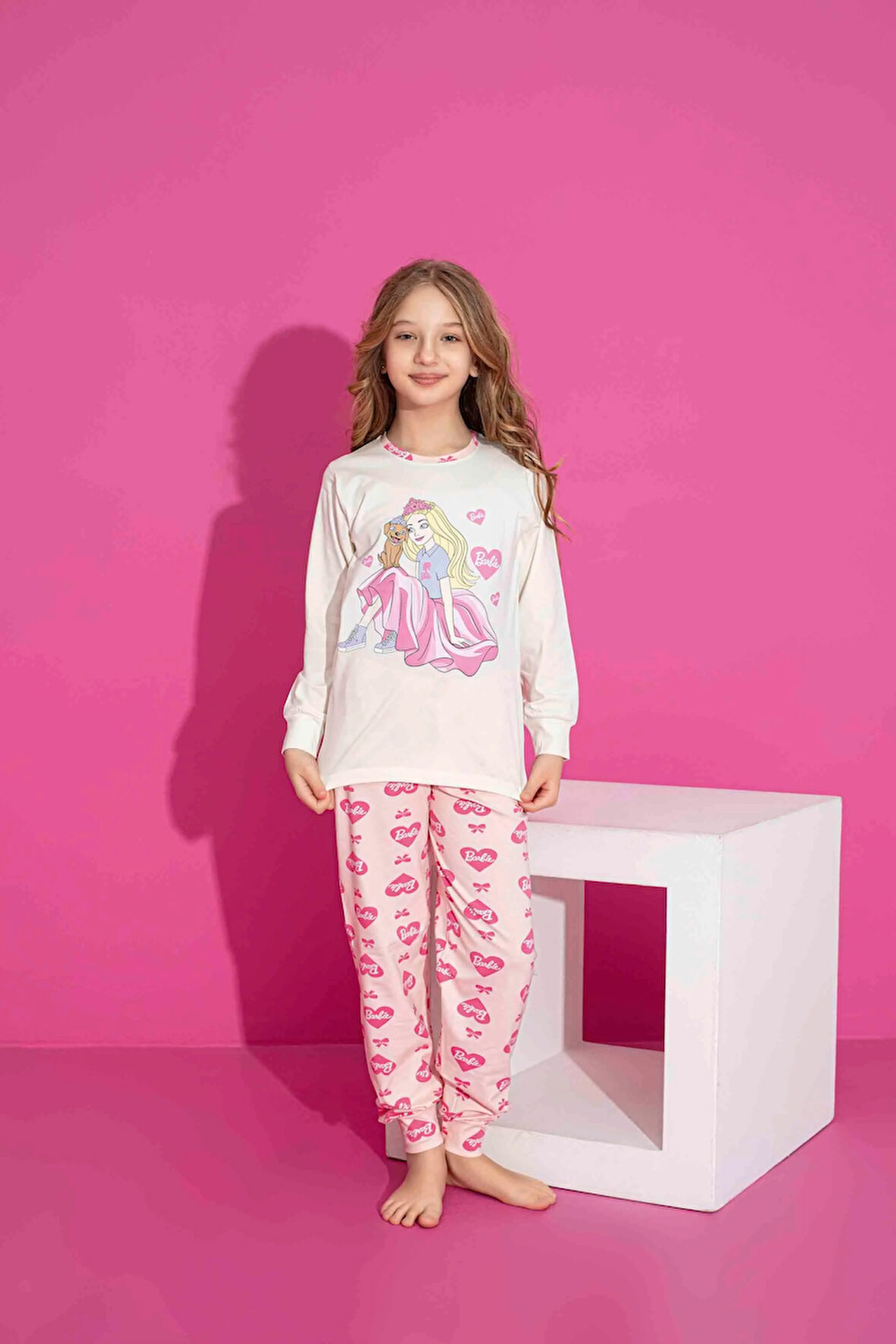 Kız Çocuk Desenli Krem Uzun Kollu Pijama Takımı