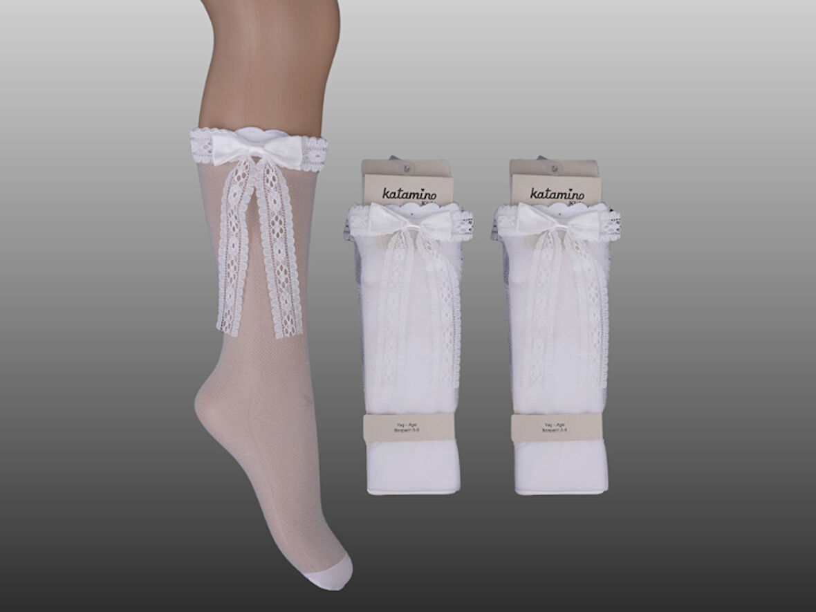 1'li Kız Çocuk İnce Dantel Kurdele Detaylı Dizaltı Çorap