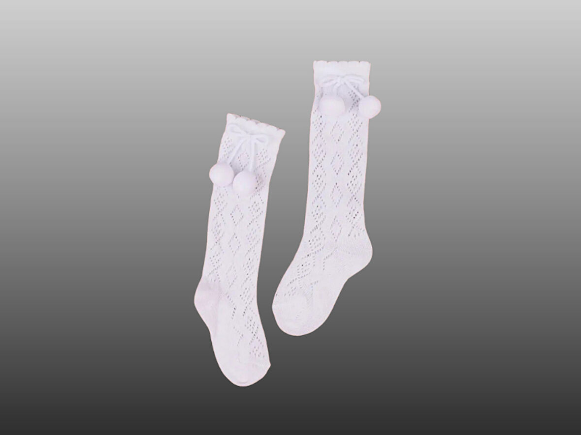 1'li Kız Bebek Pon Pon Kurdele Detaylı Dizaltı Çorap Beyaz