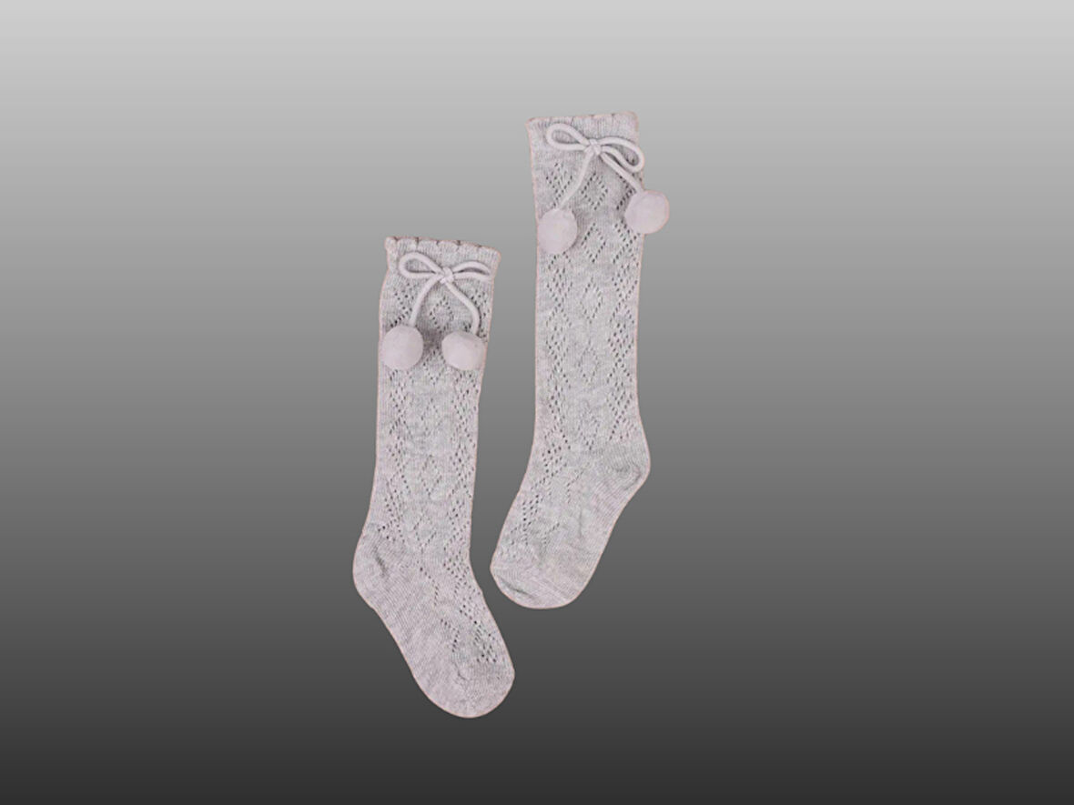 1'li Kız Bebek Pon Pon Kurdele Detaylı Dizaltı Çorap Gri