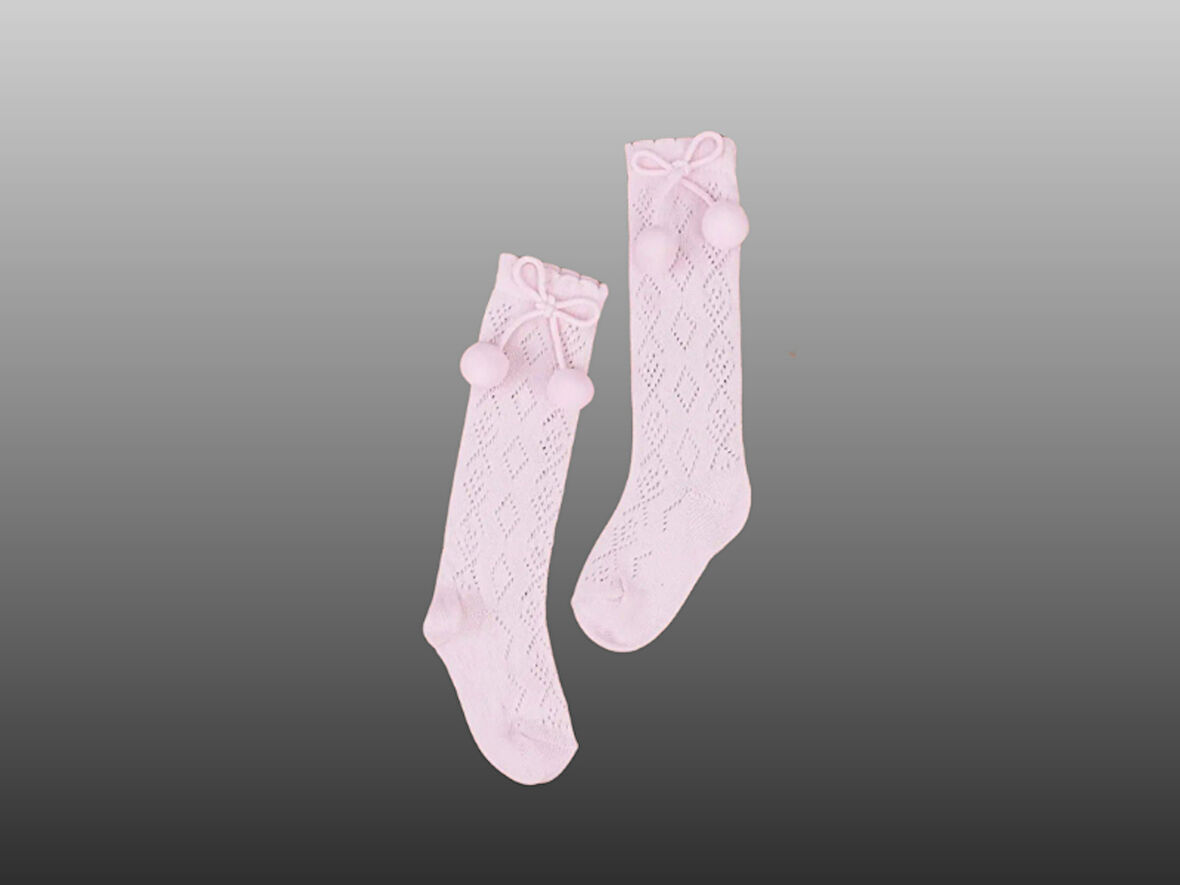 1'li Kız Bebek Pon Pon Kurdele Detaylı Dizaltı Çorap Pembe