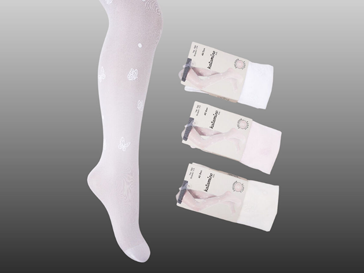 1'li Kız Çocuk İnce Kelebek Desen Detaylı Külotlu Çorap Pembe