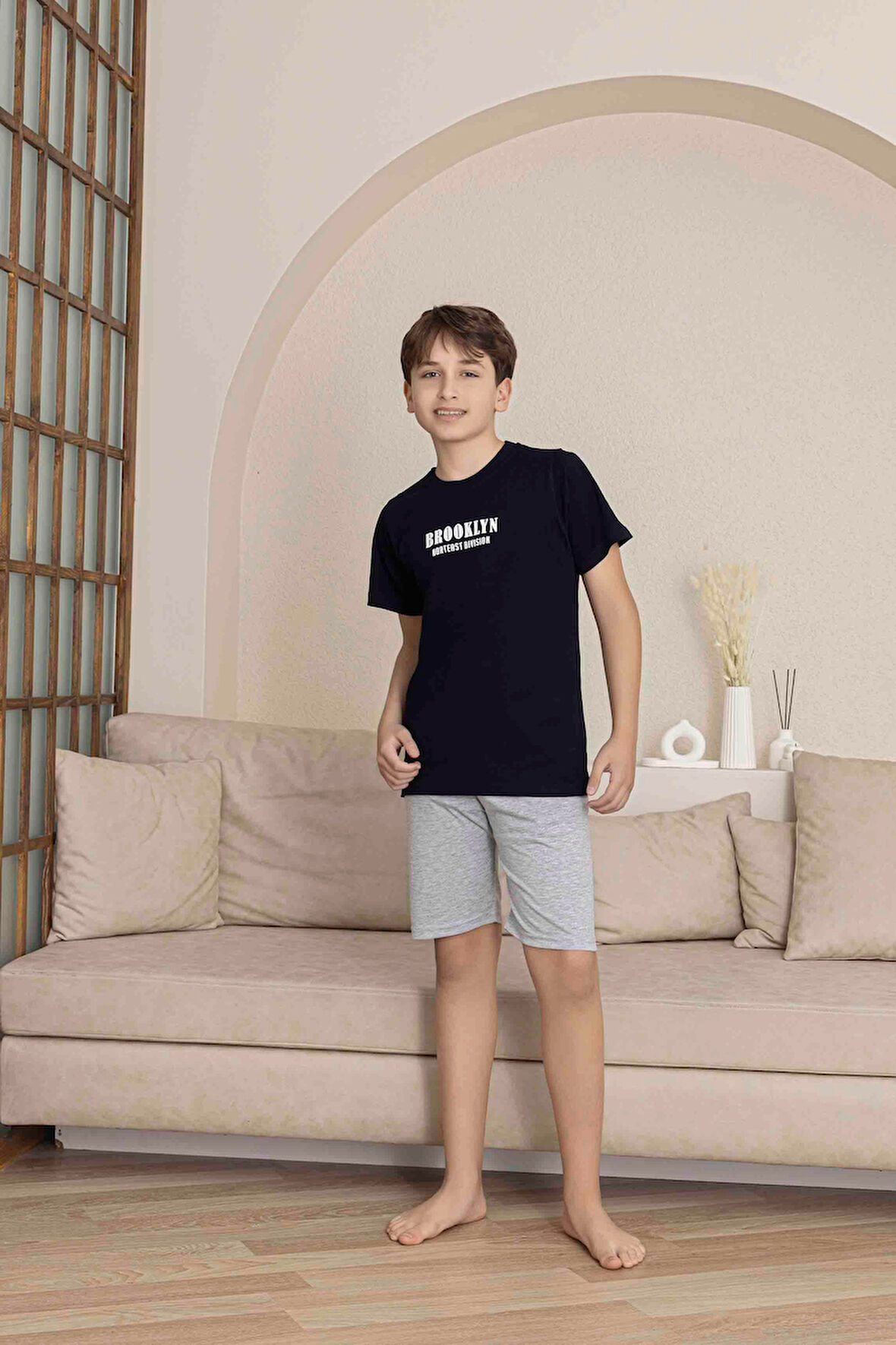 Erkek Çocuk  lacivert Desenli Şortlu  Pijama Takımı