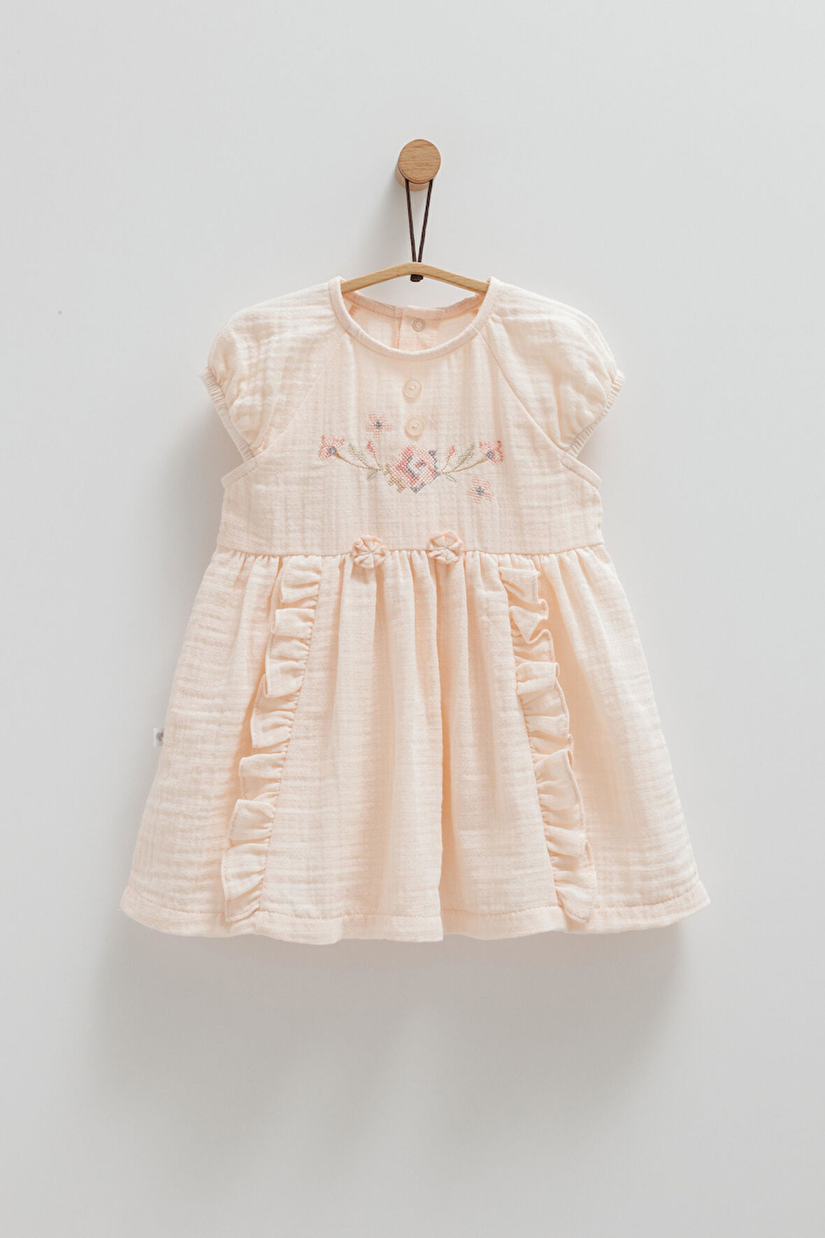Kız Bebek Müslin Elbise Somon Çiçek İşlemeli Eteği Fırfırlı