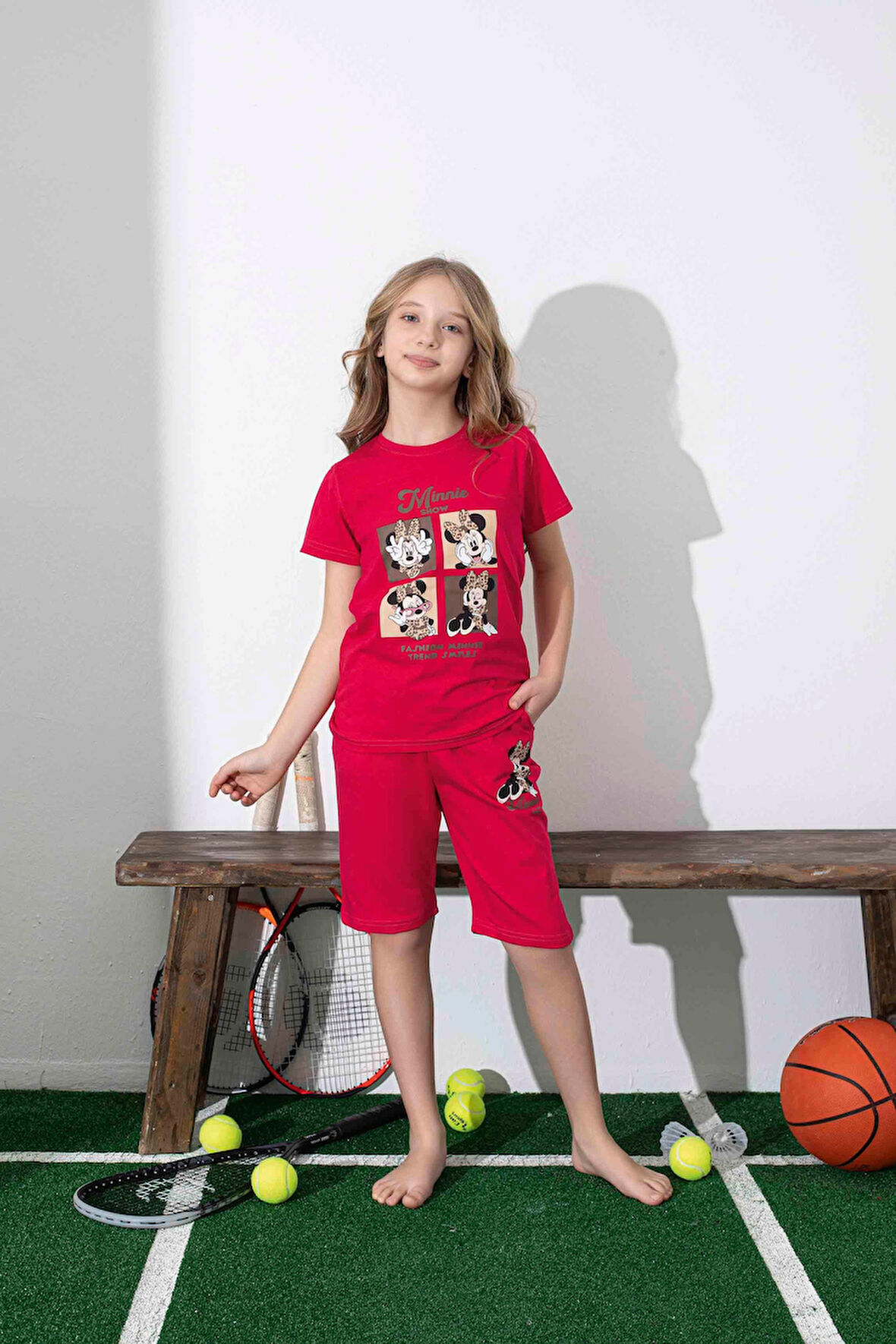 Kız Çocuk Mini Desenli Kırmızı Şortlu Pijama Takımı