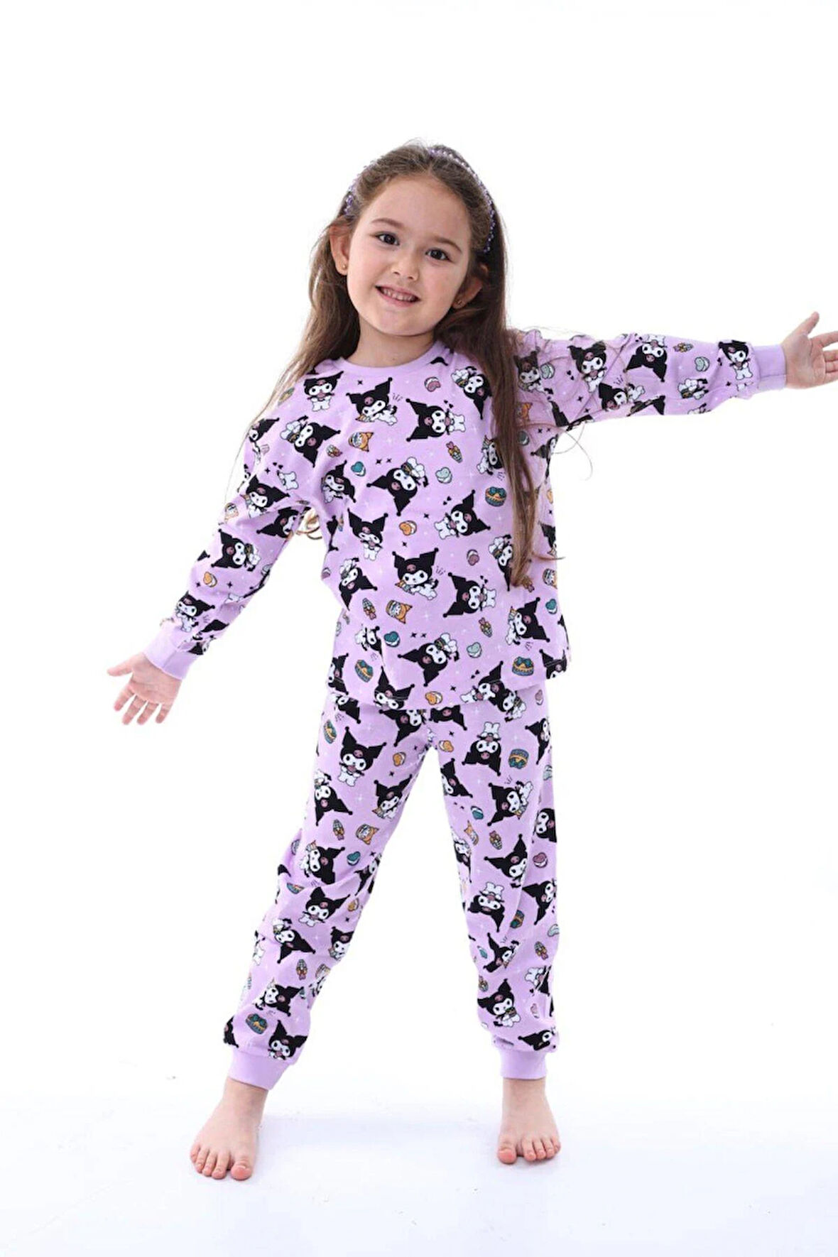 Kız Çocuk Kedi Desenli Uzun Kollu Pijama Takımı