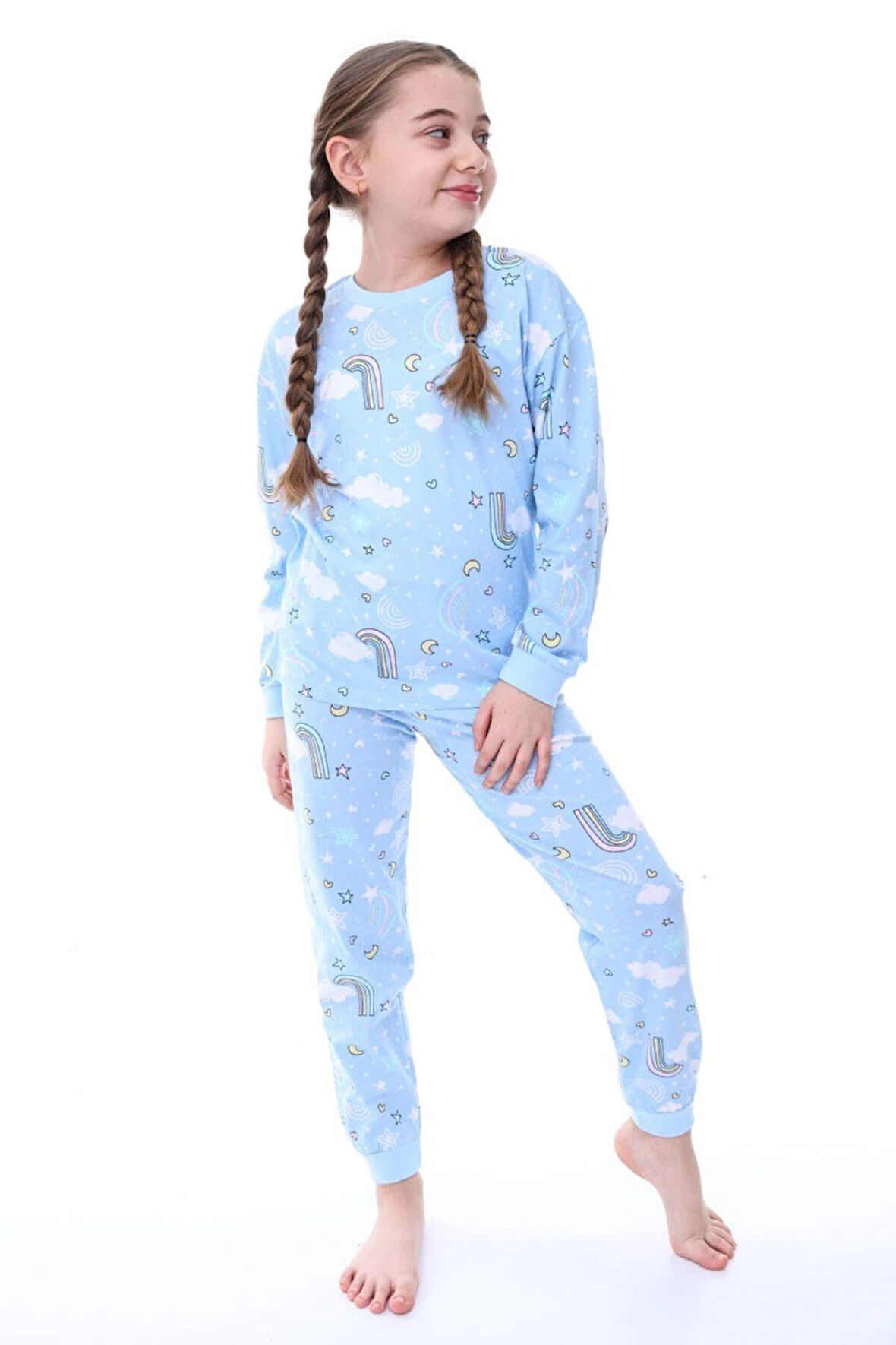 Kız Çocuk Gökkuşağı Desenli Uzun Kollu Pijama Takımı