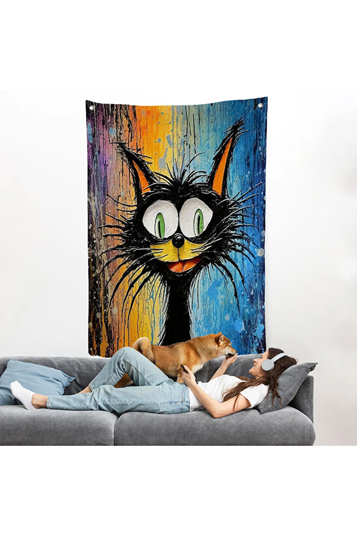 Yaplıboya Görünümlü Sevimli Kedi Duvar Örtüsü-7778