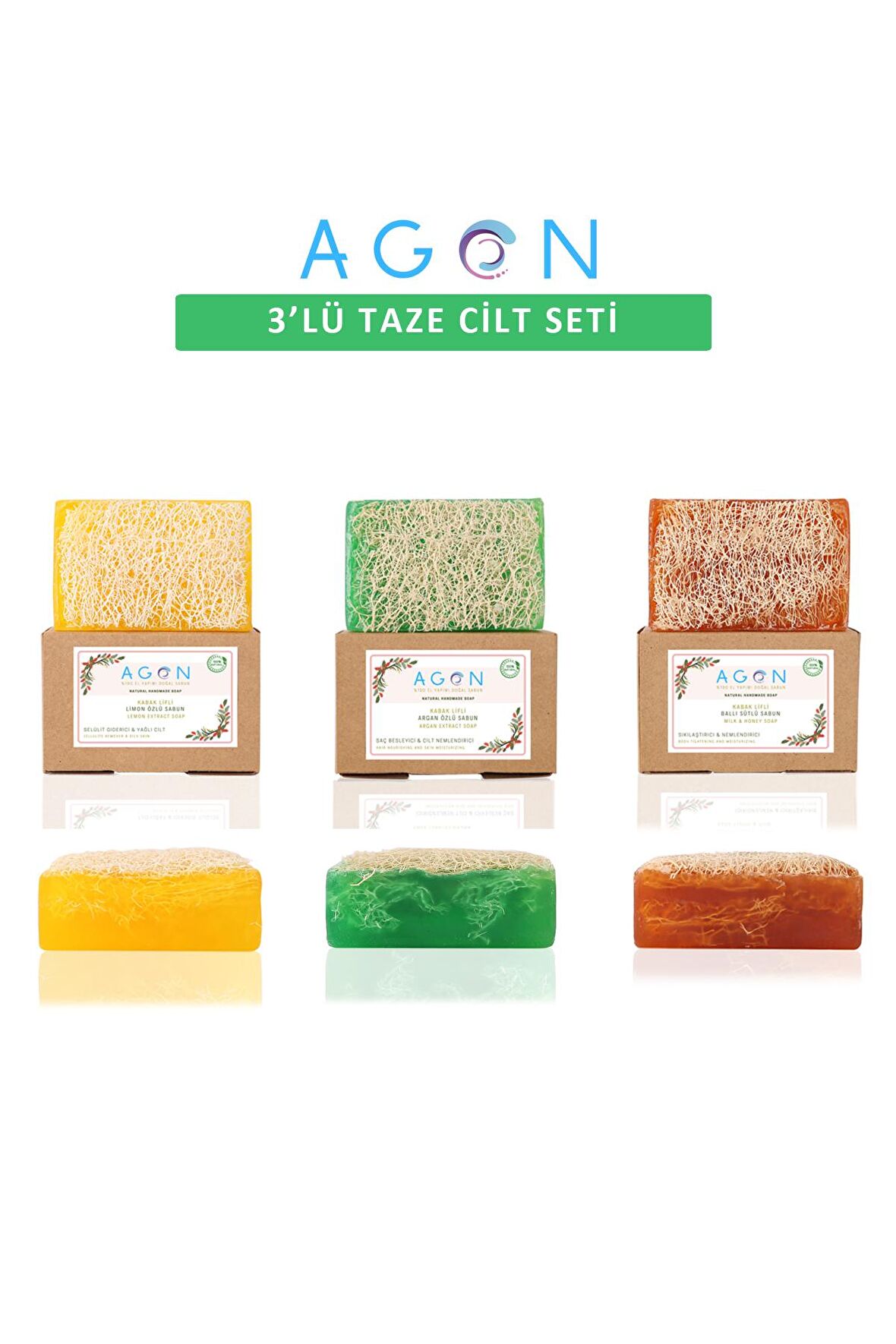 %100 El Yapımı Kabak Lifli Doğal Argan, Ballı Süt ve Limon Sabunlu Taze Cilt Seti