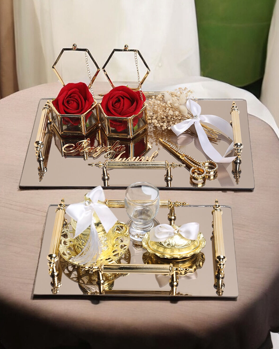 Reverence Gold Söz Tepsisi ve Damat Tepsisi Seti