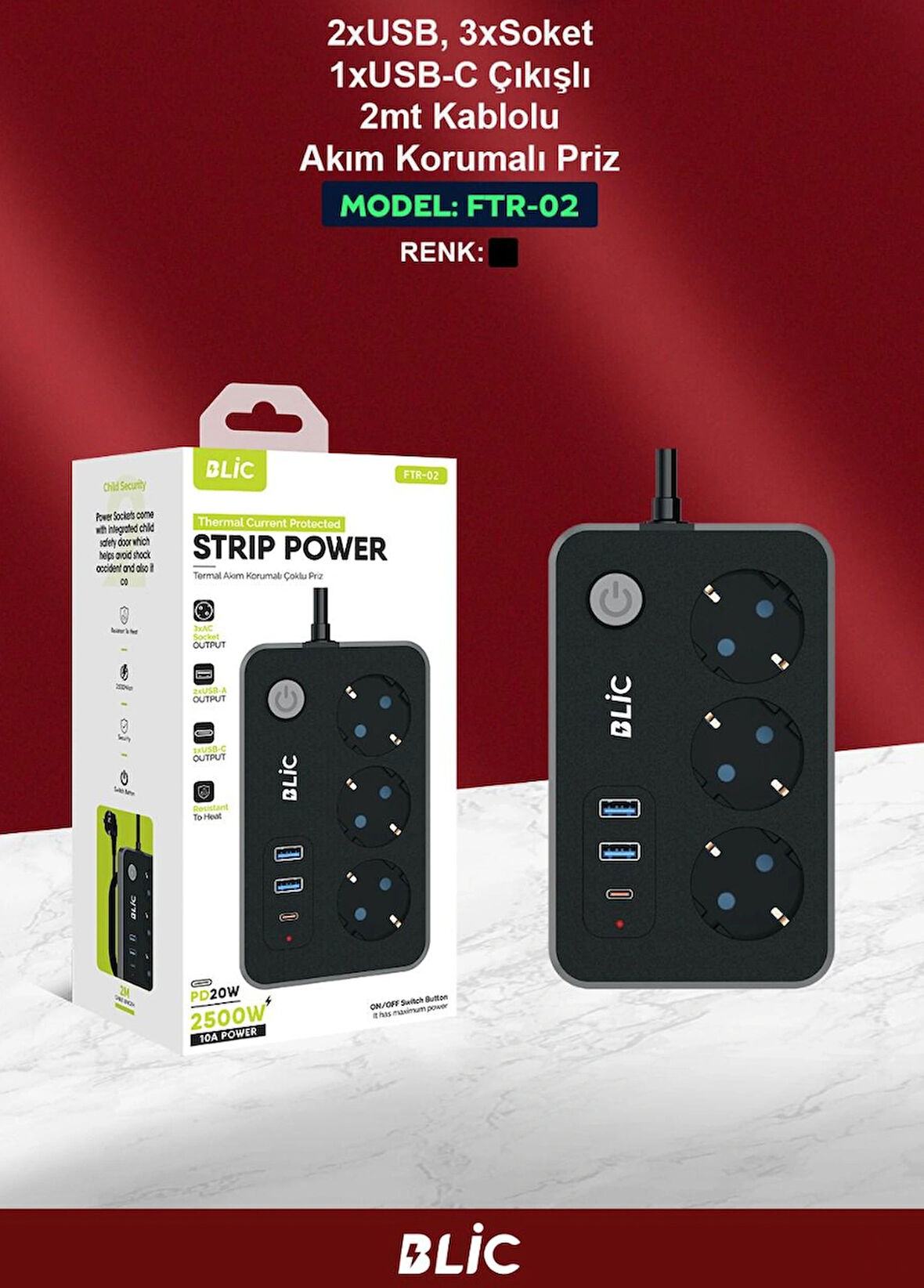 BLİC FTR-02 Termal Akım Korumalı Çoklu Priz 2xUSB-A 1XUSB-C 3XAC Socket  2Mt.PD20W