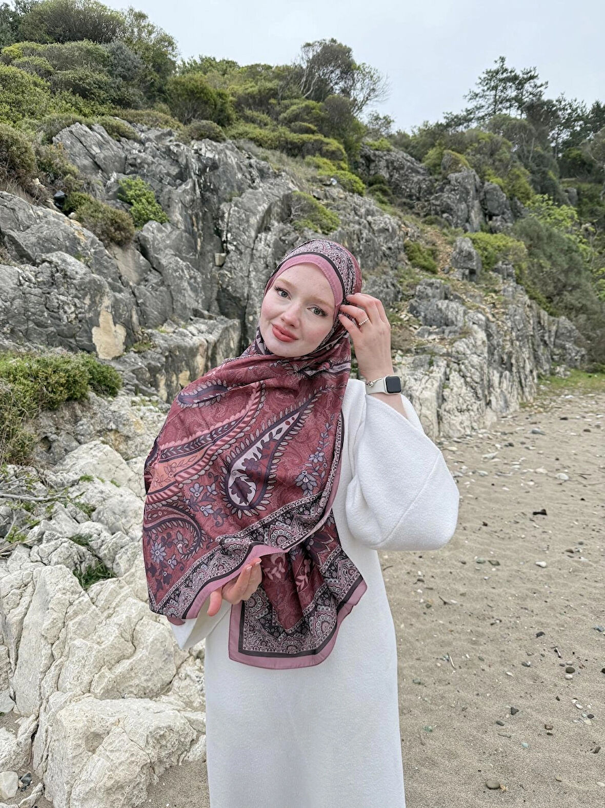 Kamer Scarf Modal Soft Serisi Etnik Desen Şal Nar Çiçeği