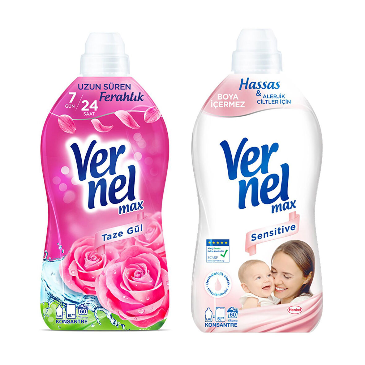 Vernel Max Kons.Çam.Yumuşatıcı 1440 ml Taze Gül ve Sensitive 2 li