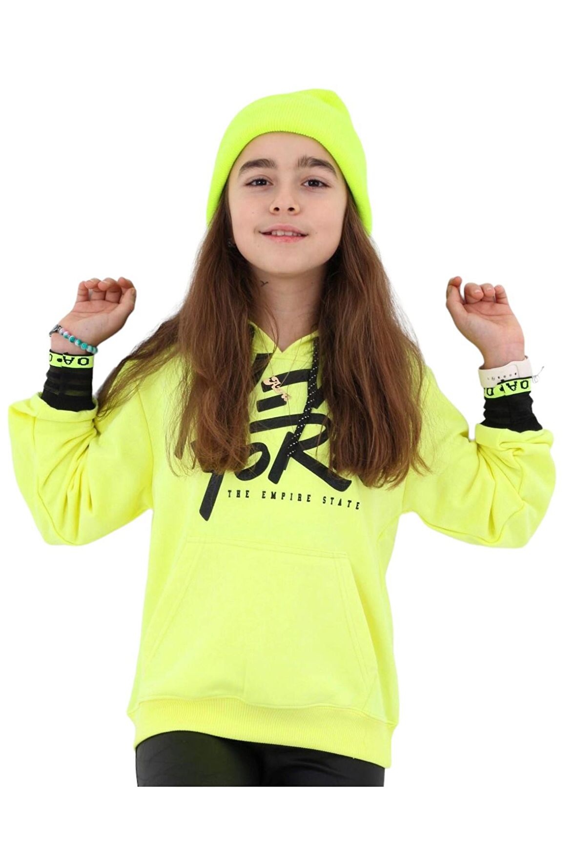 Kız Çocuk New York Desenli Kanguru Cepli Kapüşonlu Sweatshirt