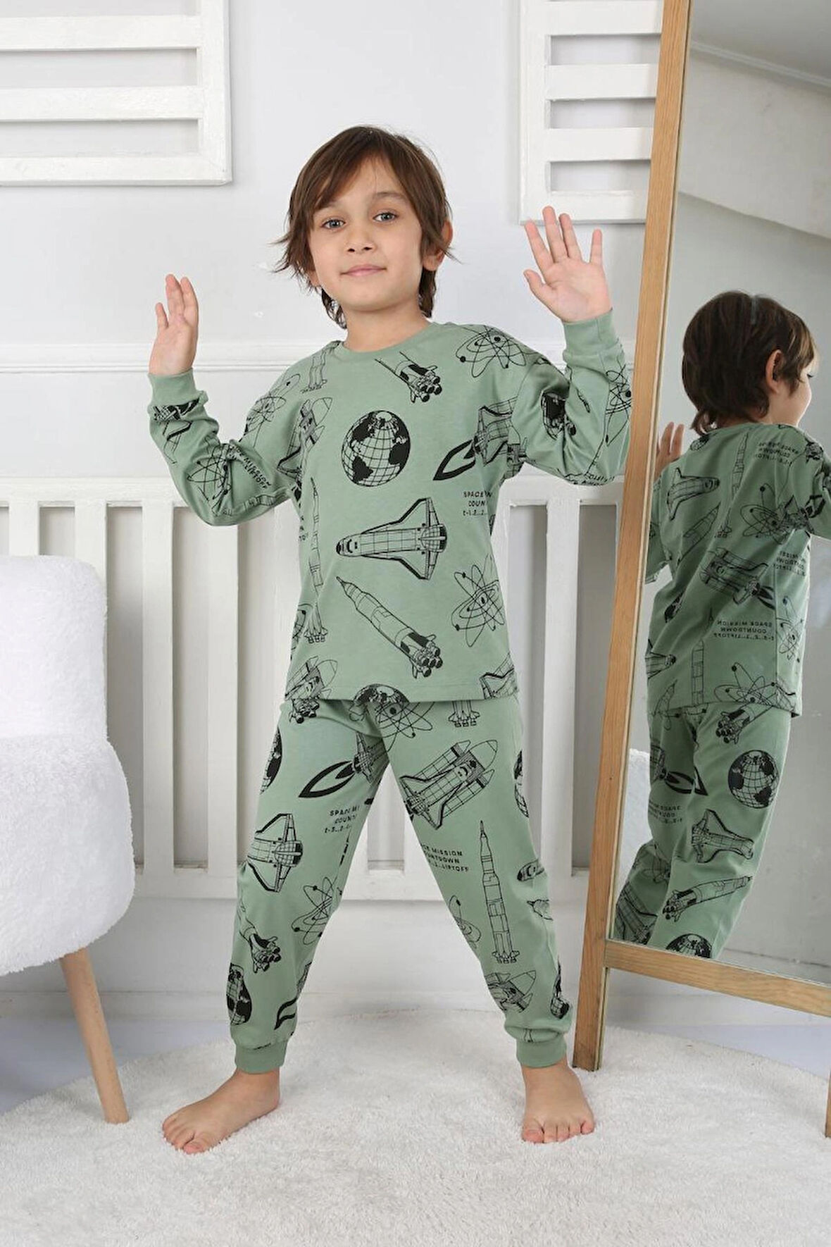 Uzay Mekiği Baskılı %100 Pamuk Uzun Kollu Erkek Pijama Takımı (3,4,5,6,7,8 Yaş)