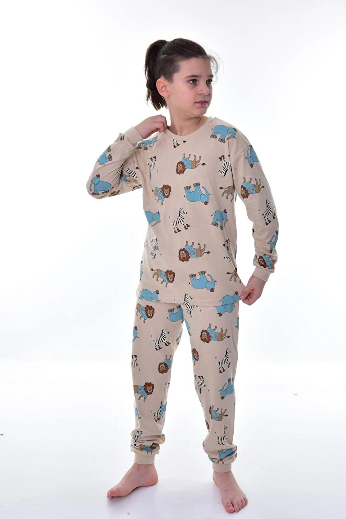 Fil Aslan Zebra Baskılı %100 Pamuk Uzun Kollu Erkek Çocuk  Pijama Takımı (3,4,5,6,7,8 Yaş)